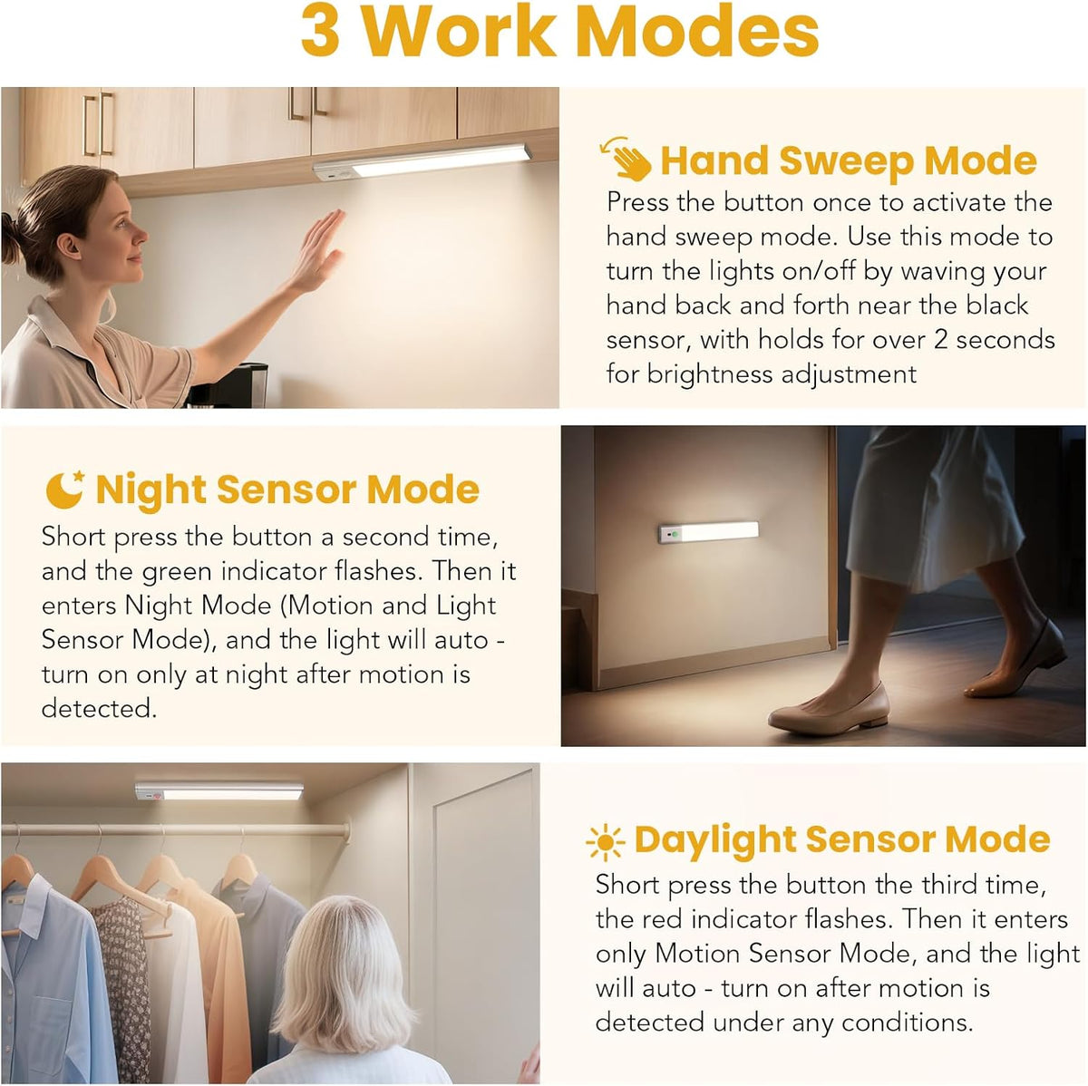 Rechargeable Under Cabinet Lights, 11.8 Inch Motion Sensor LED Light Bars with Hand Wave Control, Dimmable 3 Color