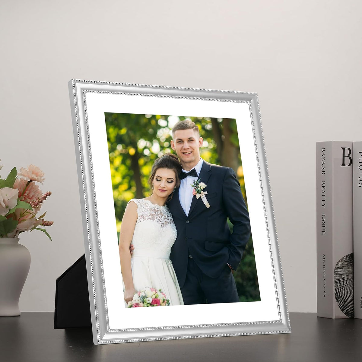 YiPinYin Classy Silver Plated 10x12'' Metal Beaded Picture Frame,with Acid Free Mat for 8x10'',Features Real Glass and