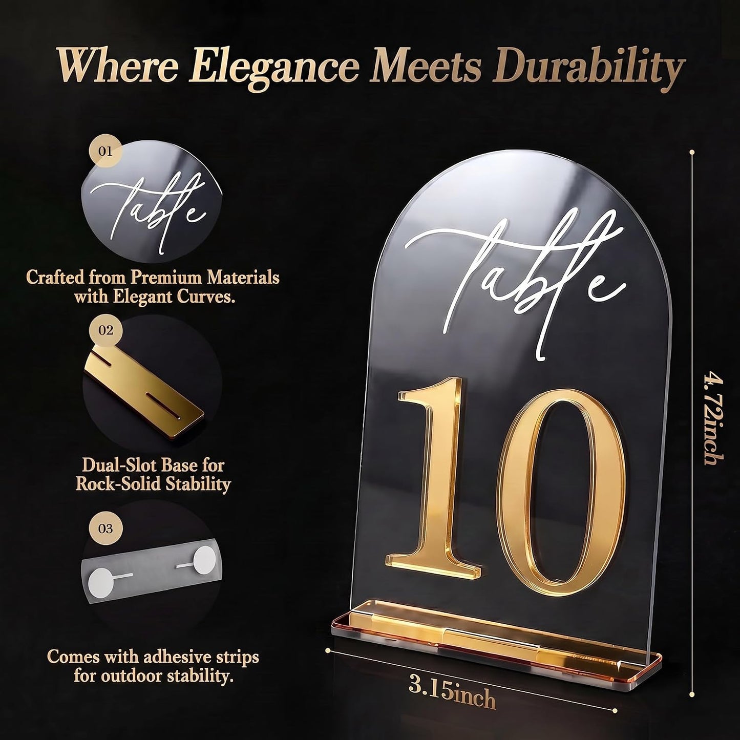 Crystal Clear Acrylic Wedding Table Numbers 1-10 Set, Self-Standing Modern Arched Signs for Reception Seating