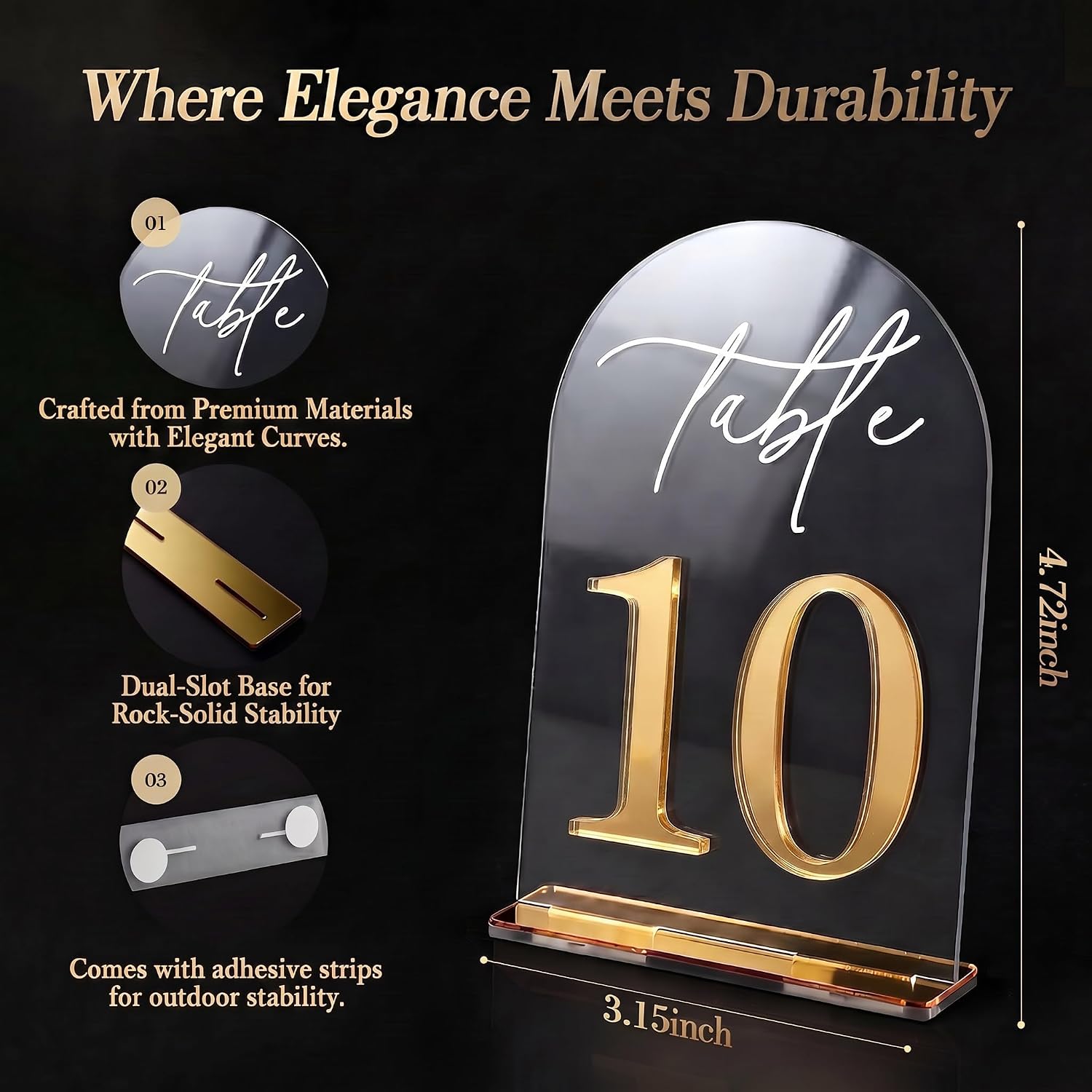 Crystal Clear Acrylic Wedding Table Numbers 1-10 Set, Self-Standing Modern Arched Signs for Reception Seating