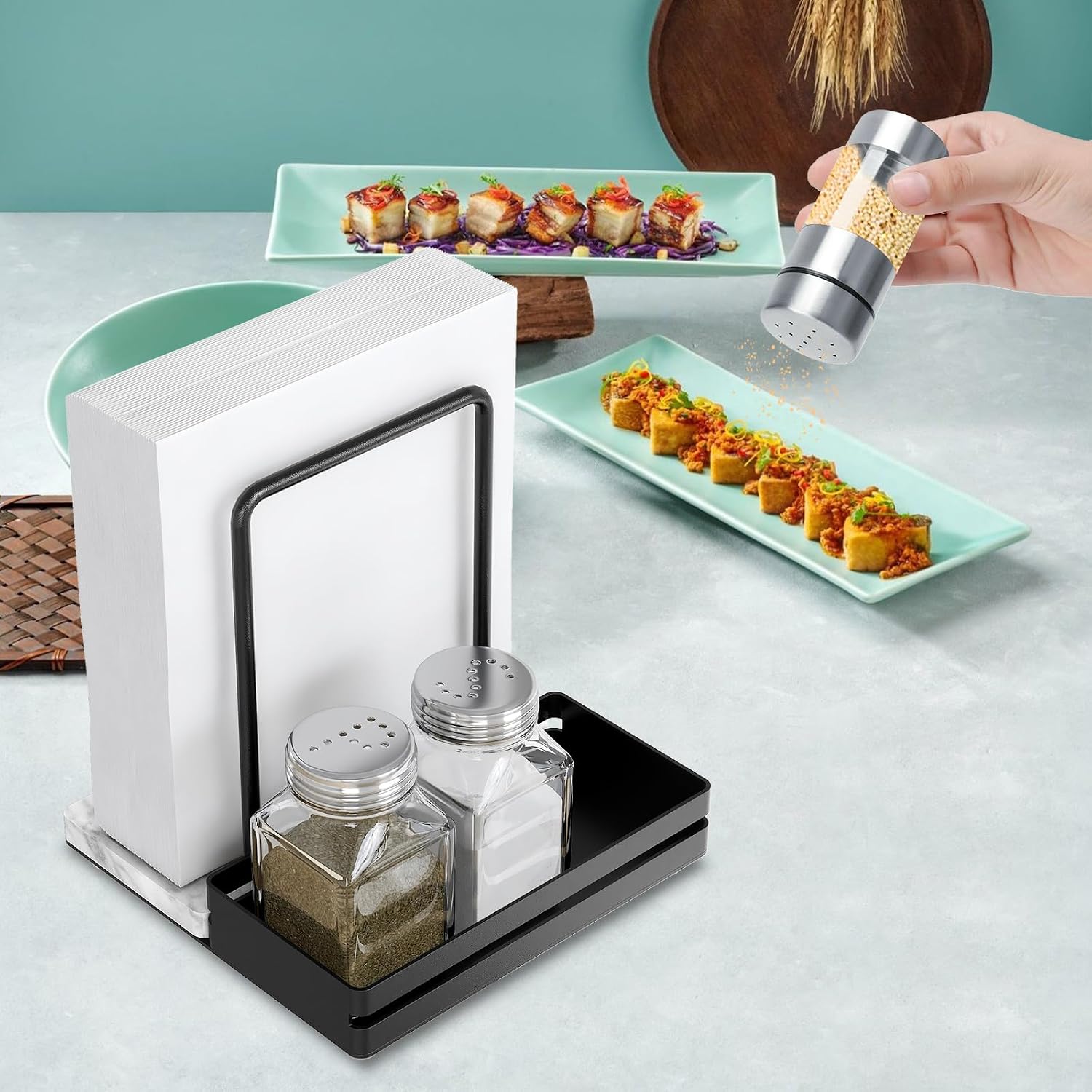 Napkin Holder / Salt and Pepper Shakers Caddy / Black / Marble