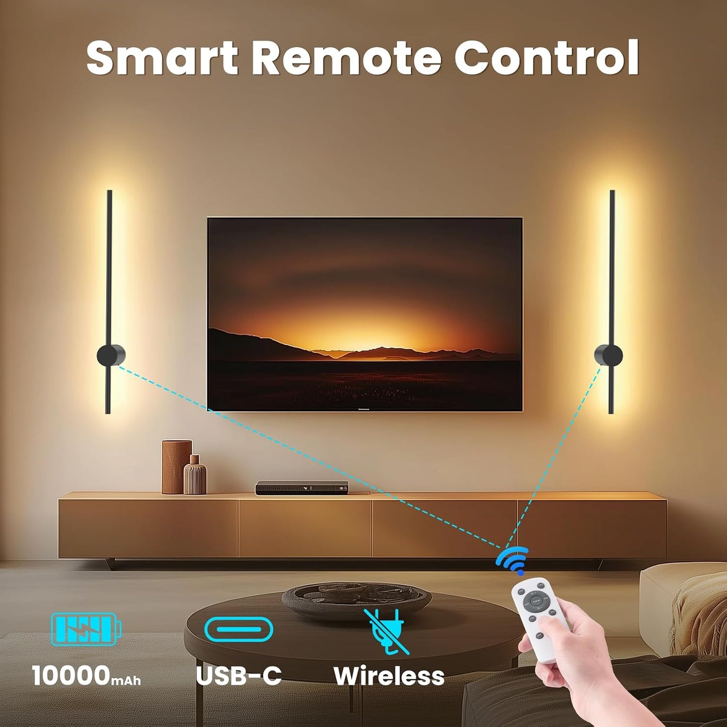 24 Inch Battery Operated Wall Sconce Set of 2,Black Minimalist Rechargeable LED Wall Lights with Remote, 10 Colors