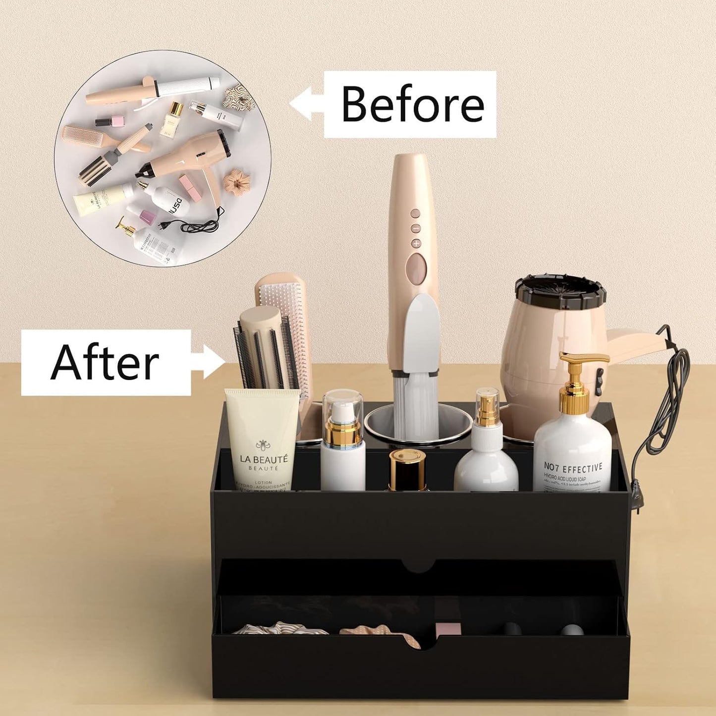 NIUBEE Acrylic Hair Tool Organizer with Drawer, Hair Dryer Holder Organizer | Black, Hot Tools Organizer Countertop