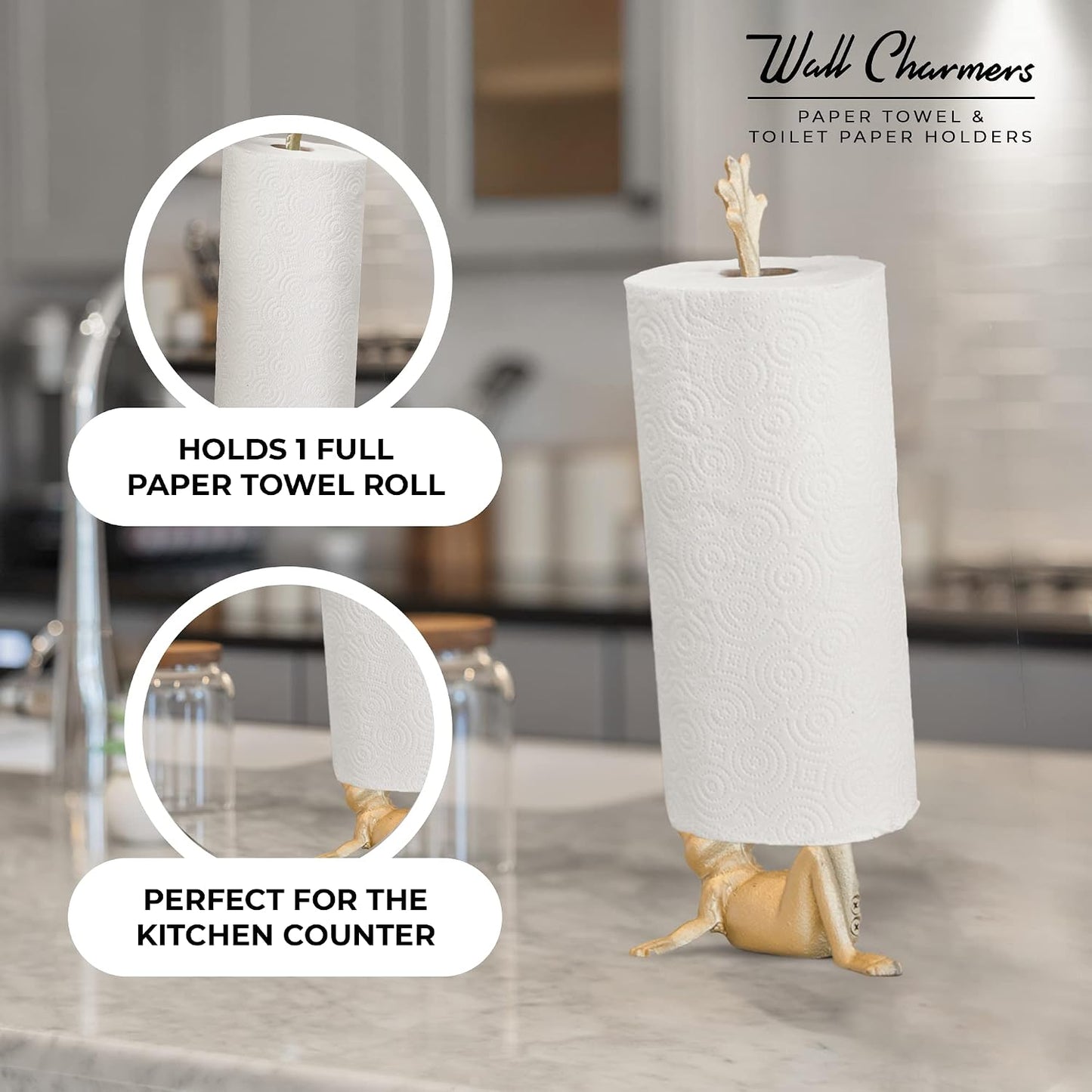 Gold Paper Towel Holder, Metal Toilet or Kitchen Paper Holder for Floor or Countertop, Gold Frog | 16.5 inch tall gold