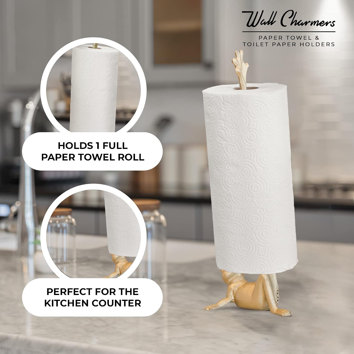 Gold Paper Towel Holder, Metal Toilet or Kitchen Paper Holder for Floor or Countertop, Gold Frog | 16.5 inch tall gold