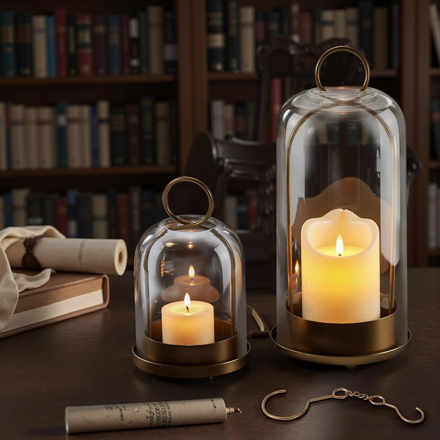 Hurricane Glass Candle Holders, Large & Medium Brass Lanterns Hurricane Candlestick Holder for Pillar Candles Vintage
