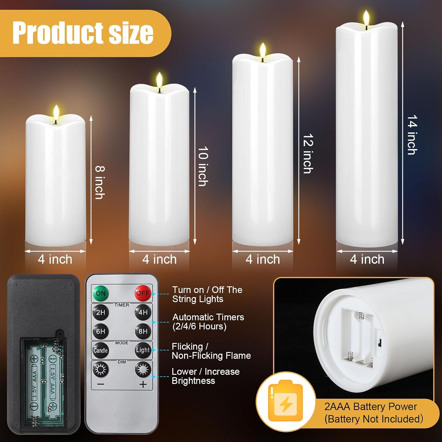 Rossesay 8" 10" 12" 14" x 4" Large Waterproof Outdoor Flameless Candles, 4 Pcs LED Pillar Candles with Remote and