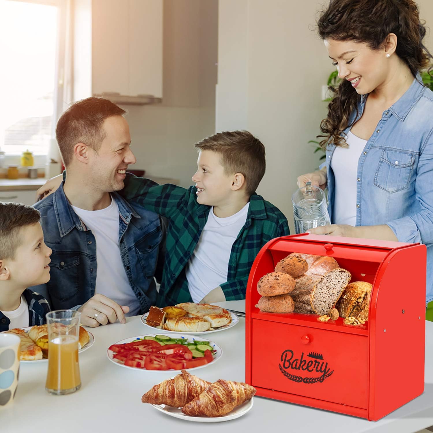 Bread Box, Metal Bread Box for Kitchen Countertop, 2 Layer Roll Top Bread Boxes, Stainless Steel Bread Storage, Kitchen