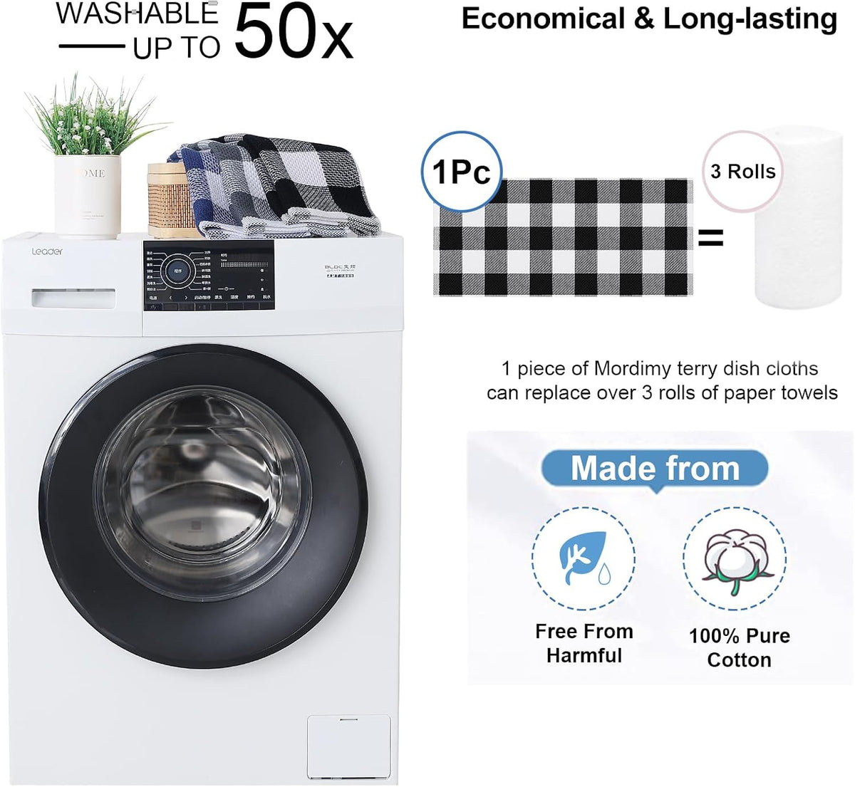 Mordimy Cotton Waffle Kitchen Towels, 13"x 28", 12 Pack, Black & White | Super Soft and Absorbent Buffalo Check