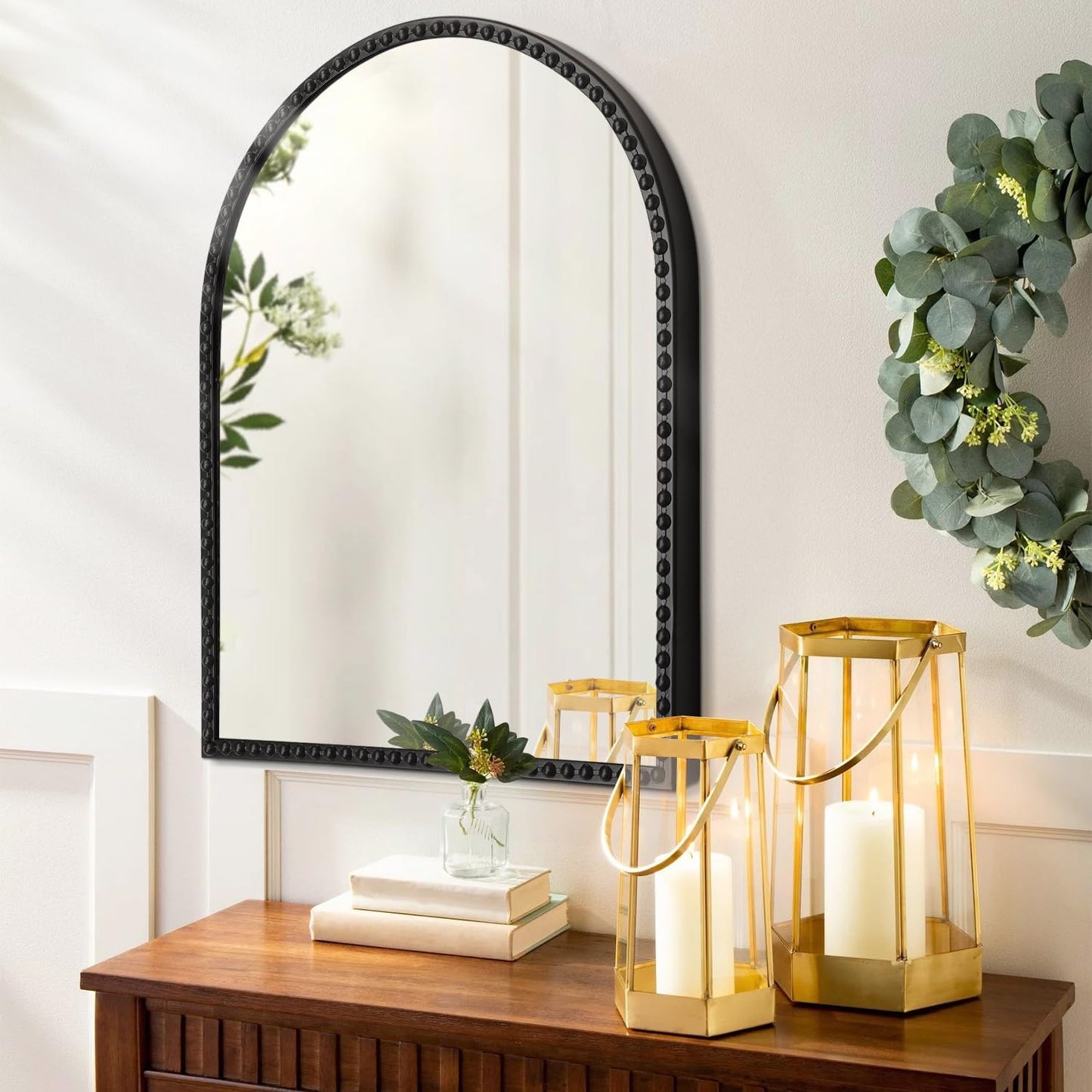 Arched Wall Mirror Metal Beaded Frame Bathroom Mirror for LivingRoom / 30"L x 20"W / Black / 30 x 20