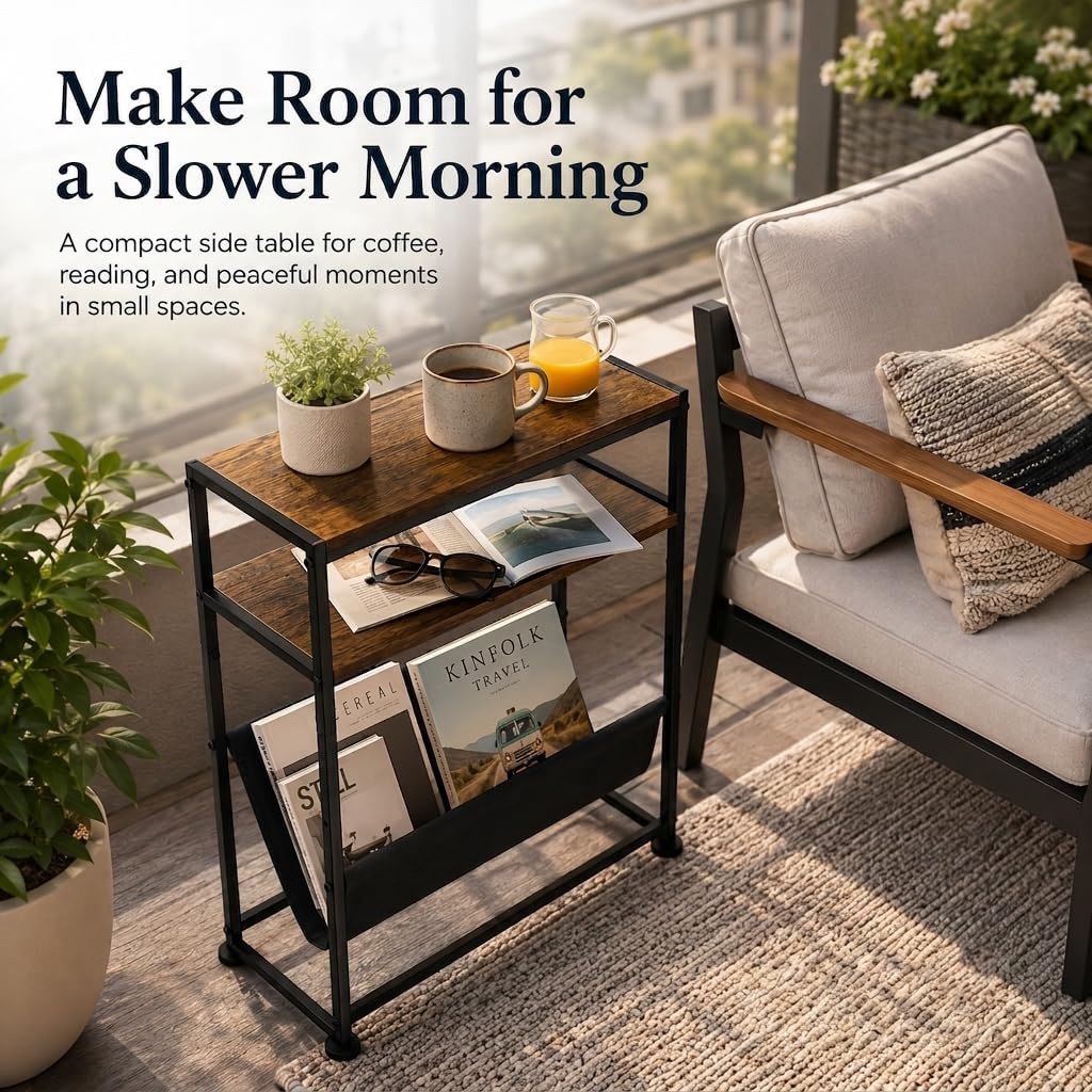 Narrow End Table with Magazine Rack, 2-Tier Slim Side Table for Small Spaces, Industrial Nightstand with Storage Sling