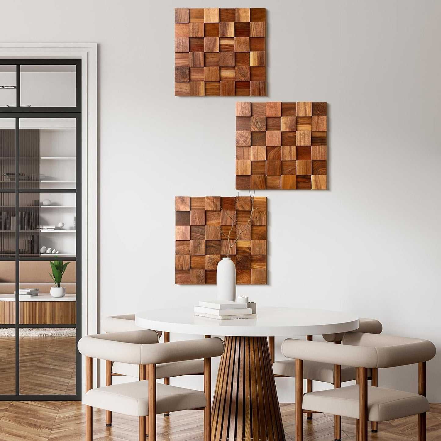 3D Wood Wall Art 11.8'' x 11.8'' Rugged Mosaic Wood Wall Decor Rustic Block Wooden Wall / Set of 3