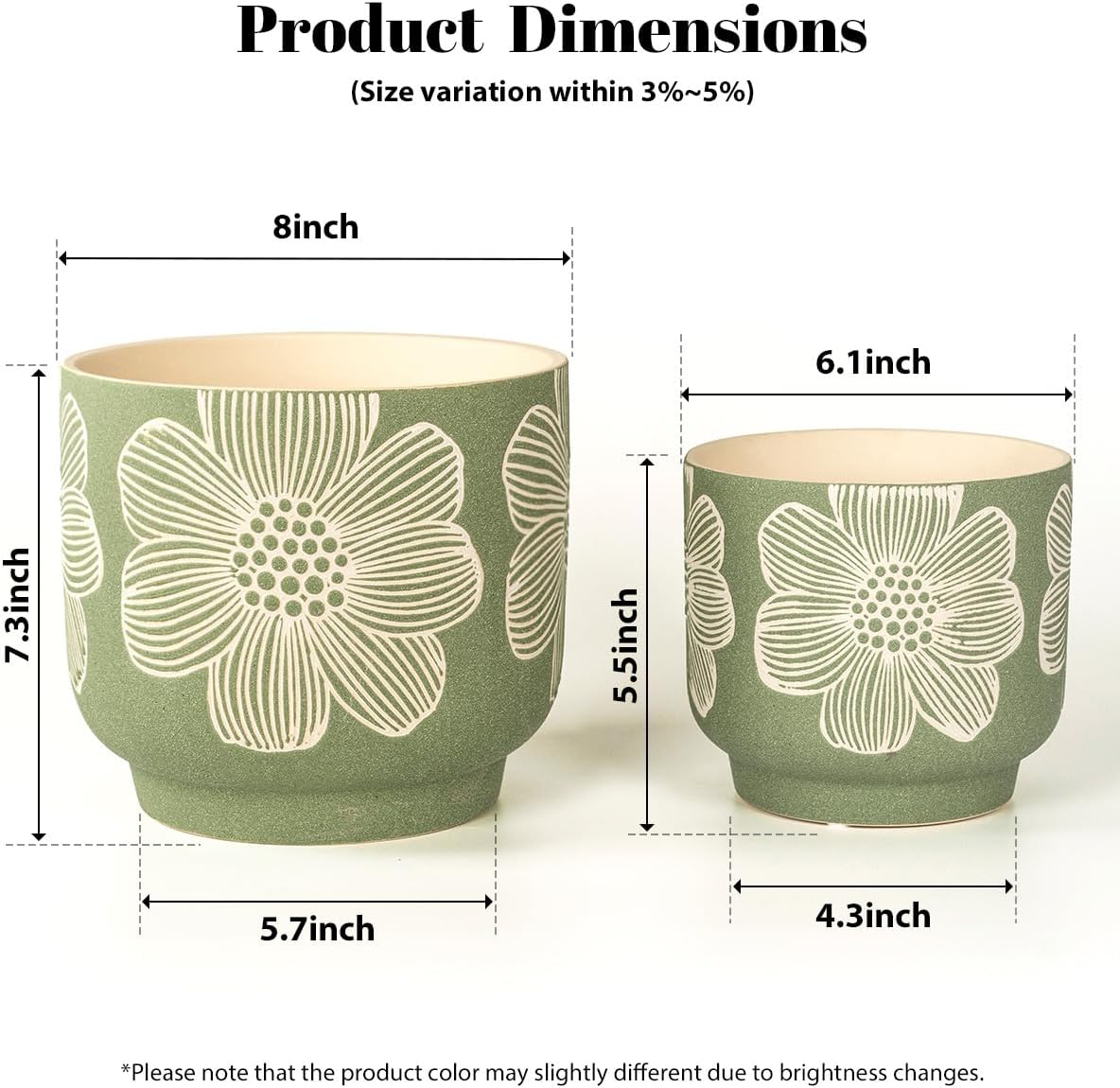 Sand Glazed Ceramic Planter / 8+6 Inch / Modern Green Floral / 8 Inch