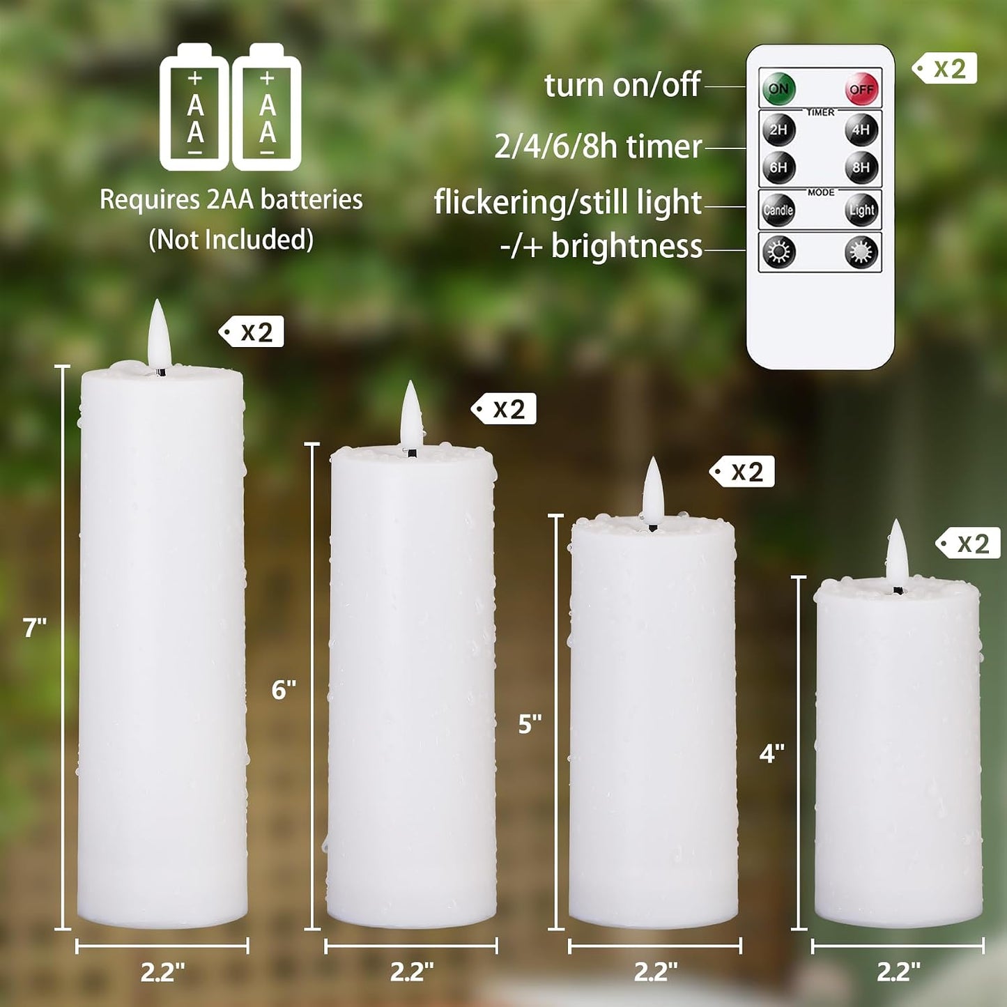 Flameless Waterproof 2.2" x4" 4" 5" 5" 6" 6" 7" 7" Pillar Candles with Remote Control and Timer, LED Battery Operated