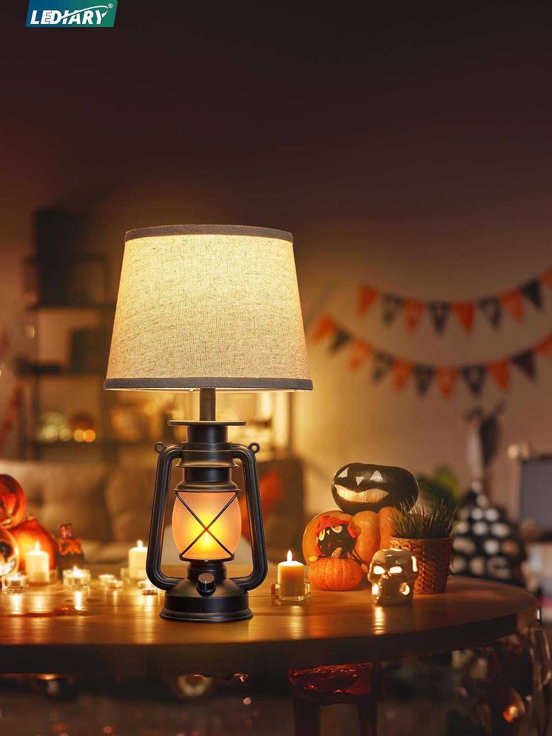 LEDIARY 18.72" Black LED Lantern Flickering Flame Table Lamps Set of 2 | Small Farmhouse Vintage End Table Lamps