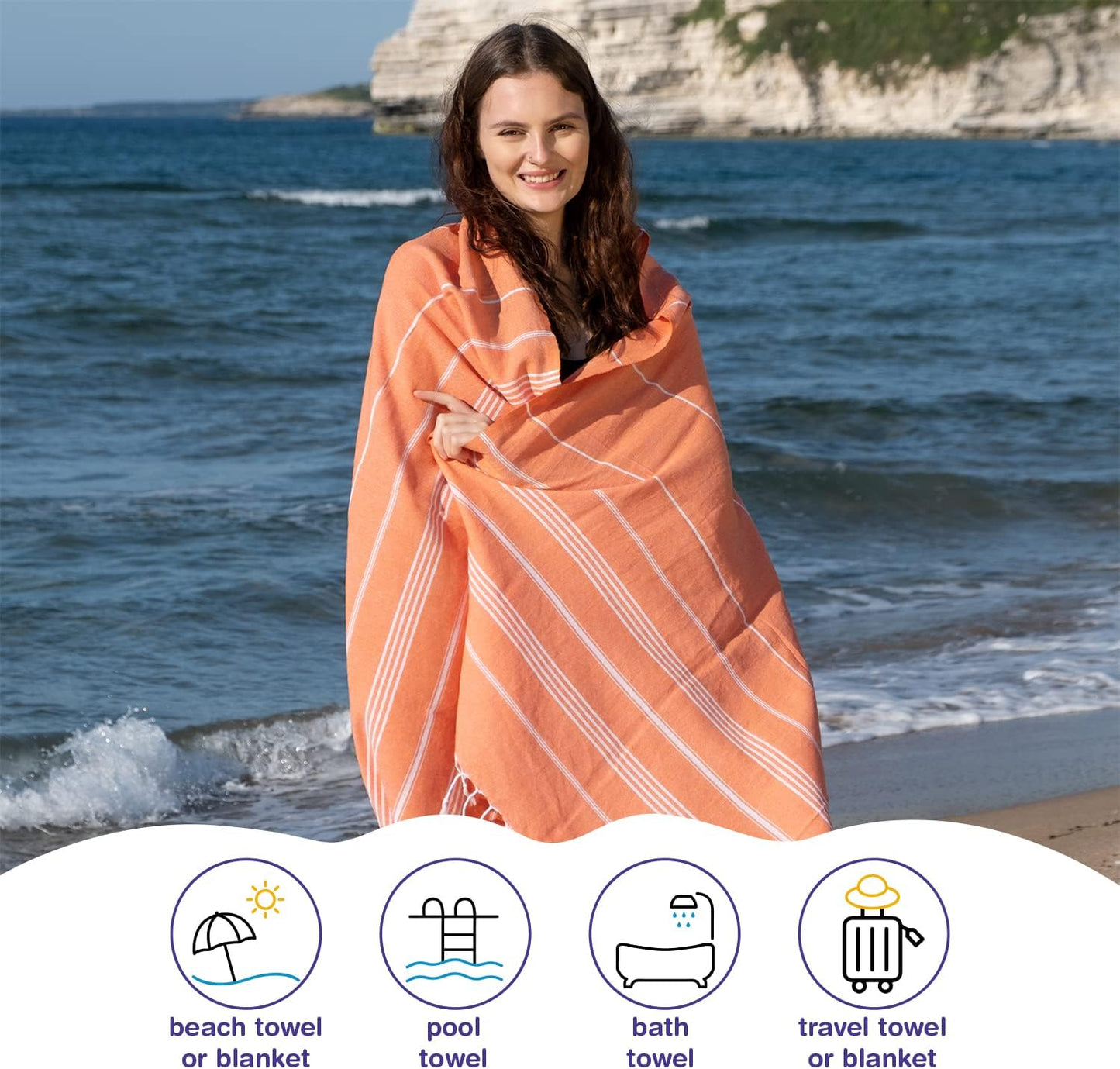 Turkish Beach Towel Oversized 39x71 Set of 6 | 100% Cotton Turkish Bath Towels Sand Free Quick Dry Towel Extra Large