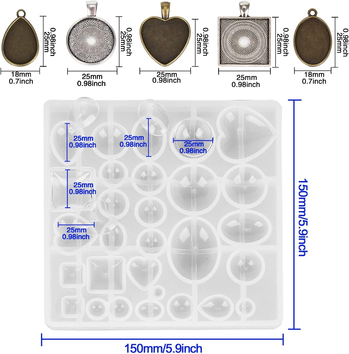Resin Jewelry Molds Pendant Trays Making Kit / Metal Pendant+1 Pc Silicone Casting Molds / Set of 30