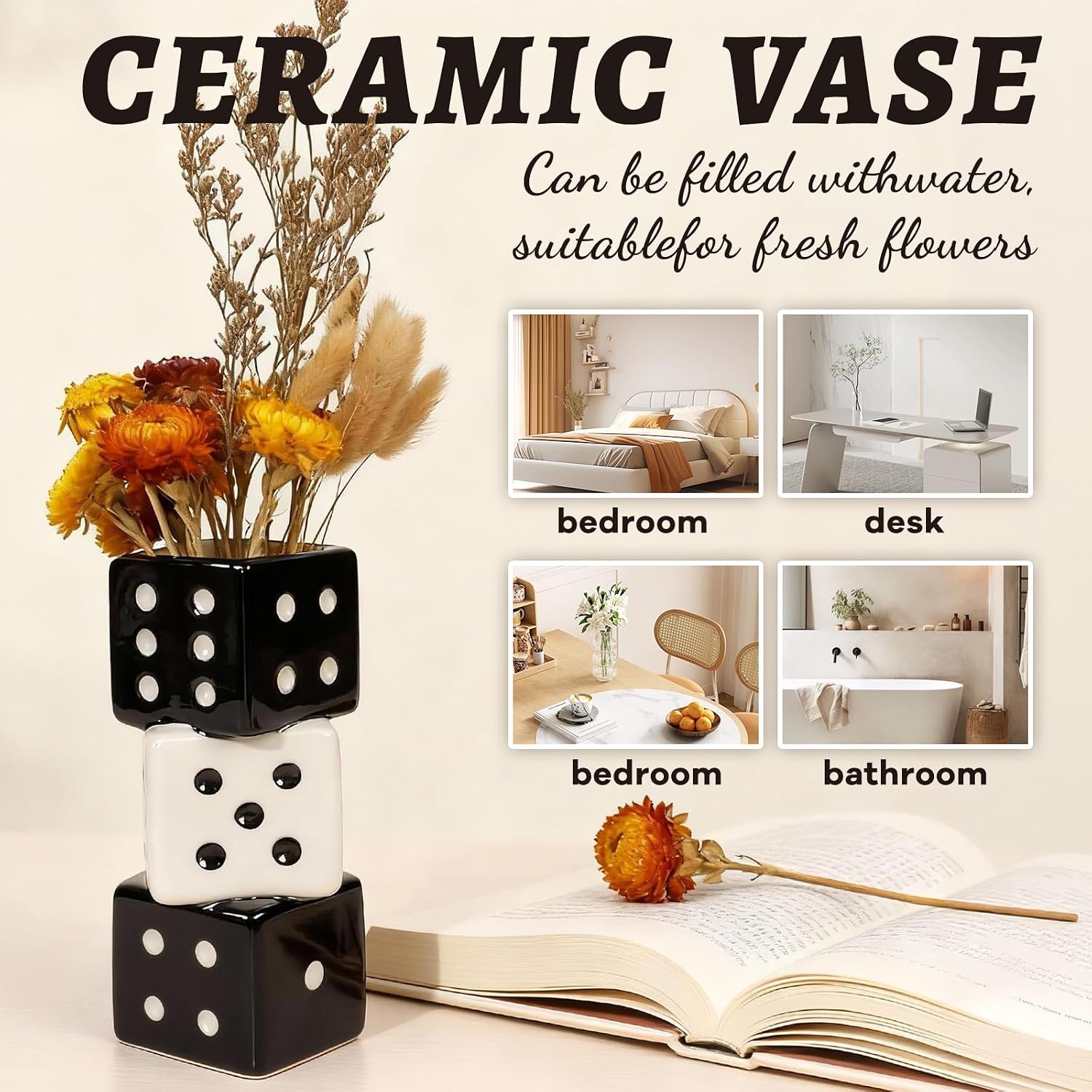 Triple Dice Ceramic Vase / Black and White Dice Vase