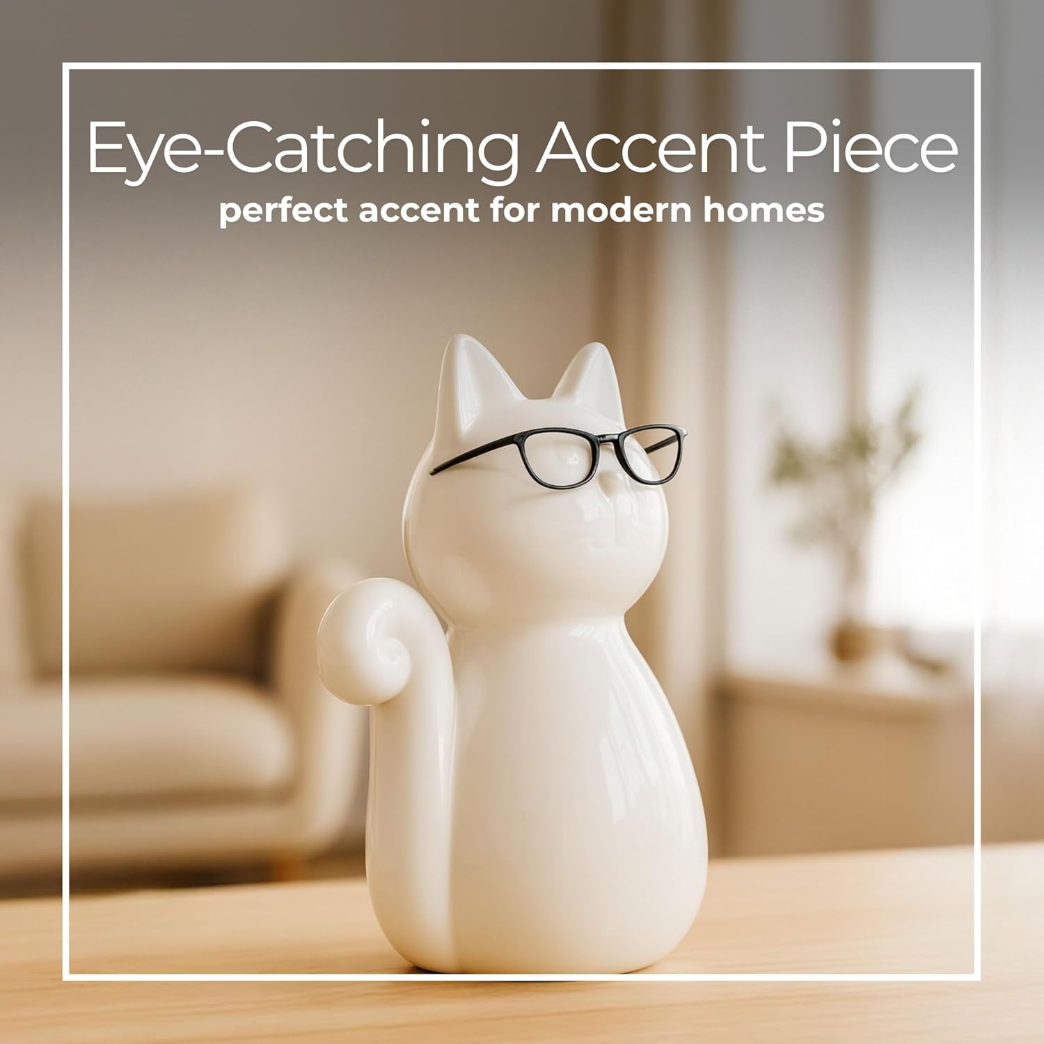 Ceramic Cat Figurine Sculpture / 8.0" H / White