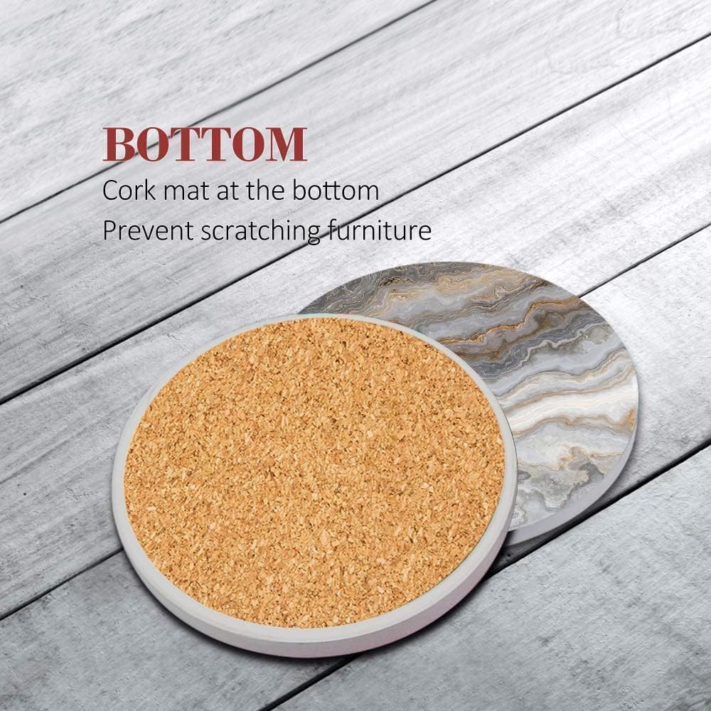 Grey Marble Golden Stone Agate Table Absorbent Round Ceramic Stone Mat / Marble Gray Gold / Set of 6
