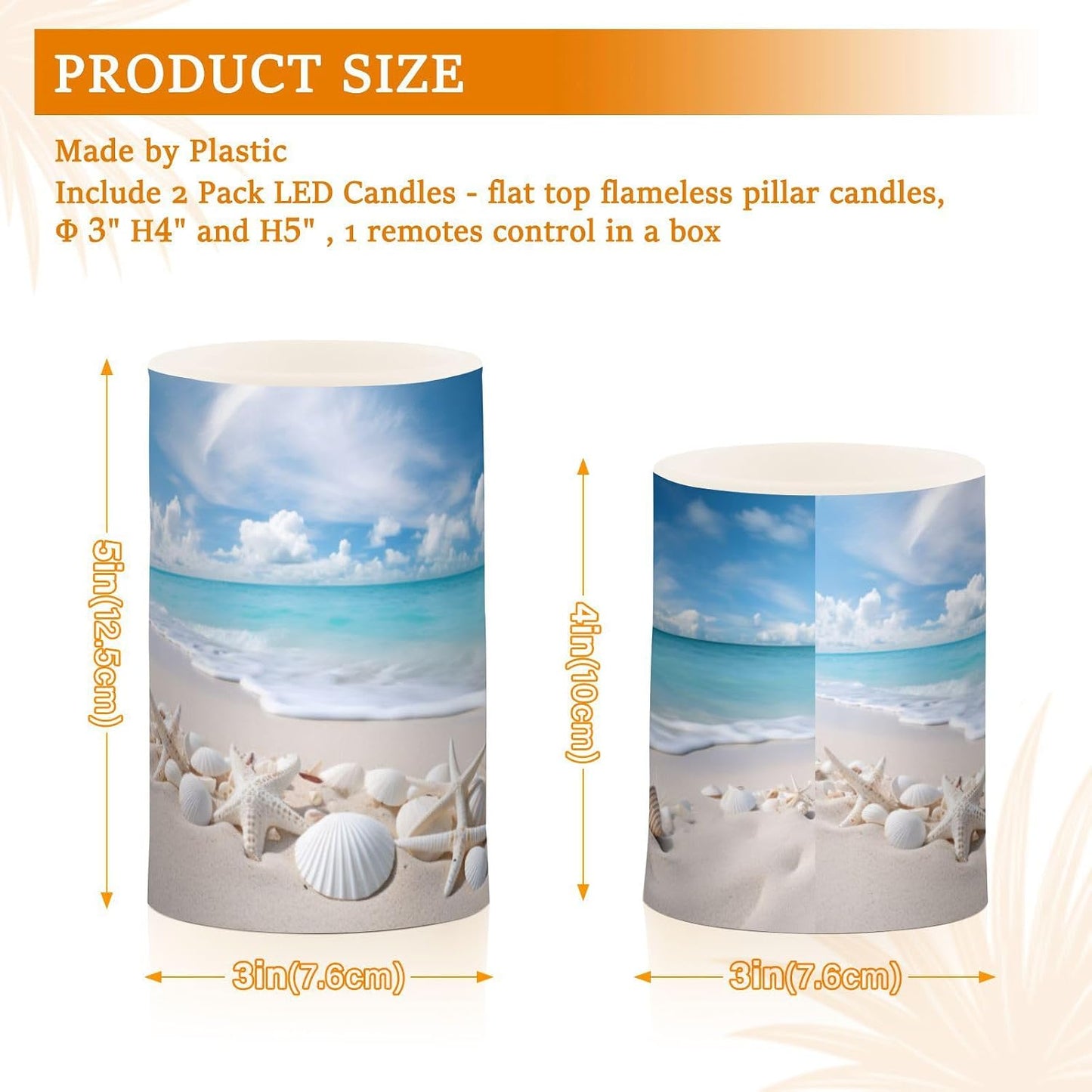 Flickering Flameless Candles, Starfishes Seashells Beach Blue Sky LED Candles with Remote Timer, Set of 2 Battery