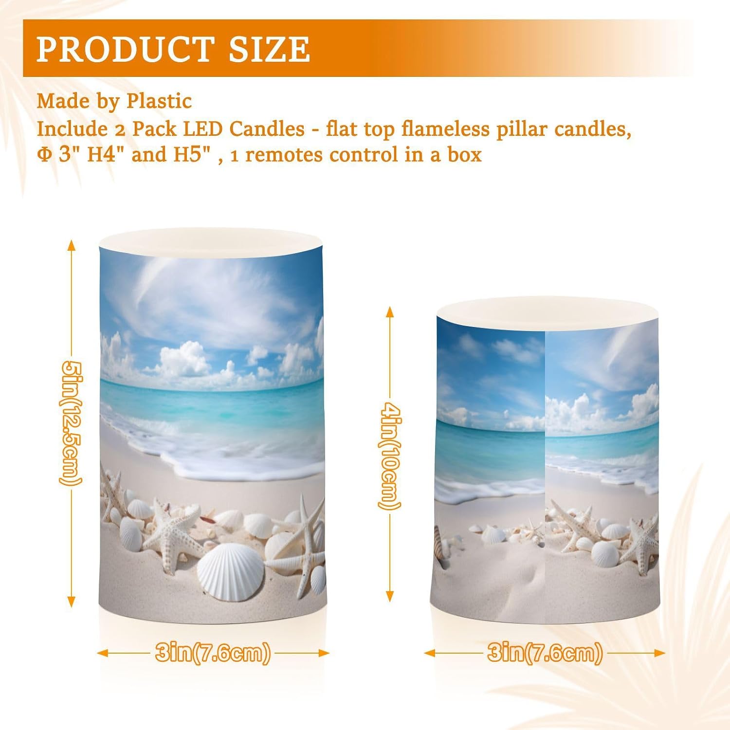 Flickering Flameless Candles, Starfishes Seashells Beach Blue Sky LED Candles with Remote Timer, Set of 2 Battery