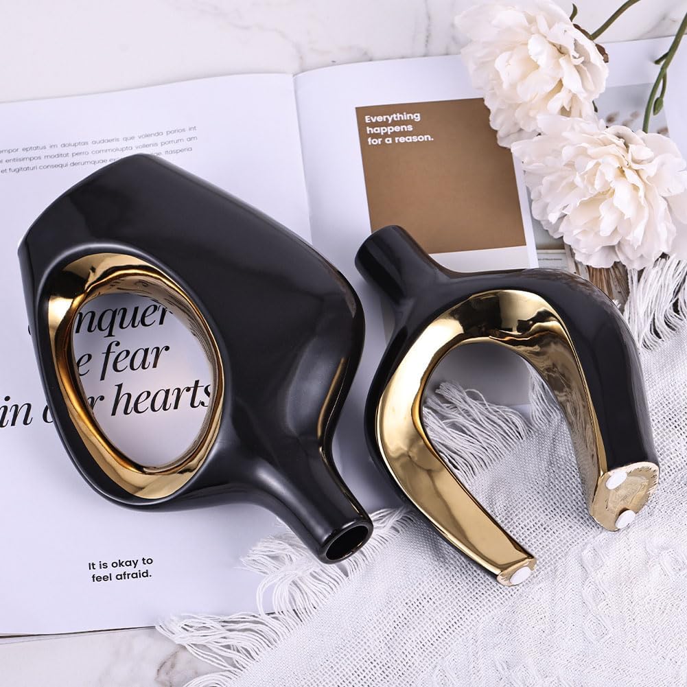 Hollow Ceramic Vase / Black and Gold / Set of 2
