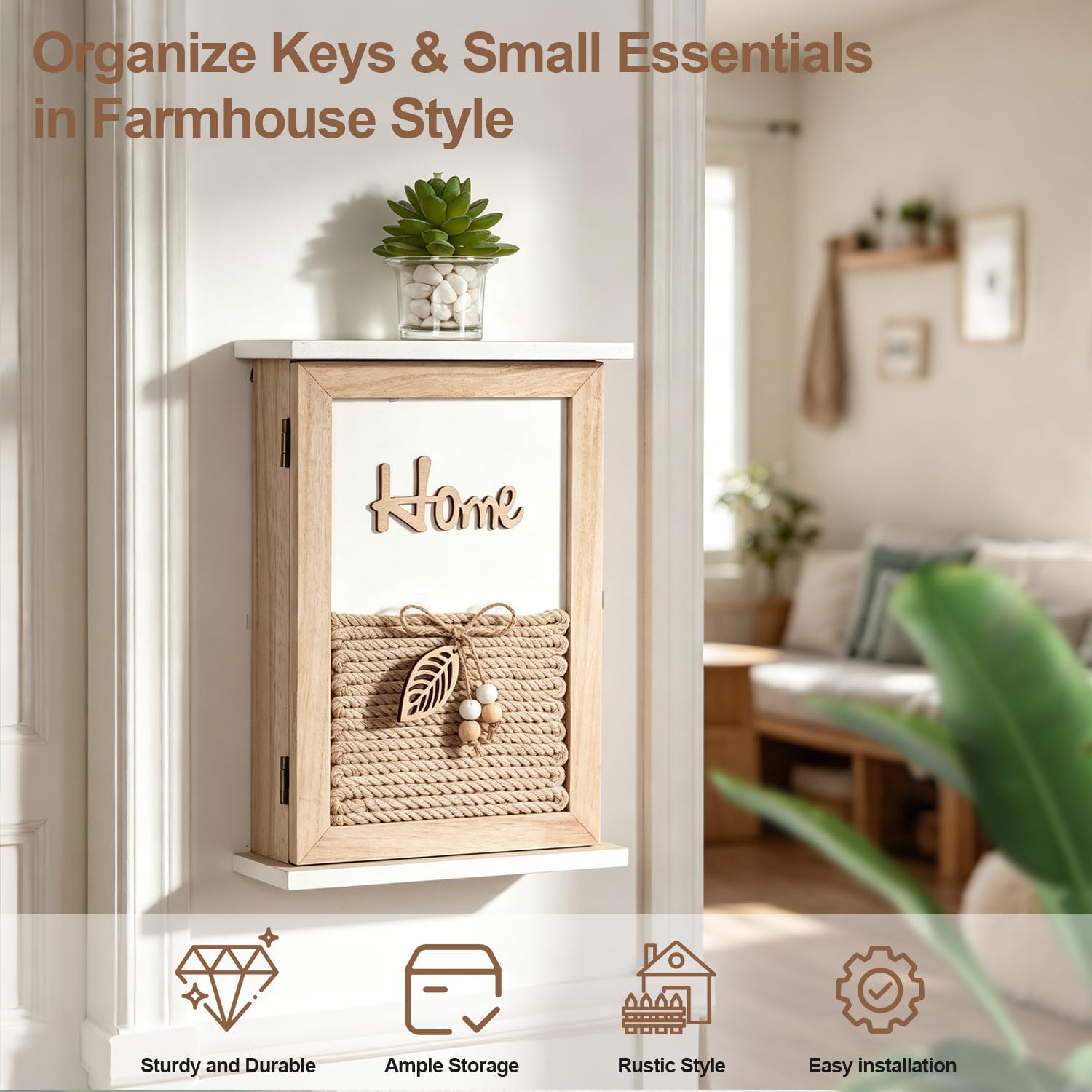 Rustic Wooden Key Holder Wall Mount Key Box / Natural Wood with Jute Rope