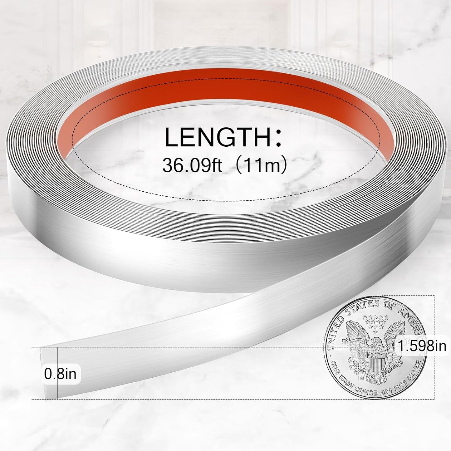 Ft Metal Molding Trim Peel and Stick / 36.09ftx0.8in / Brushed Silver / 0.8 x 26