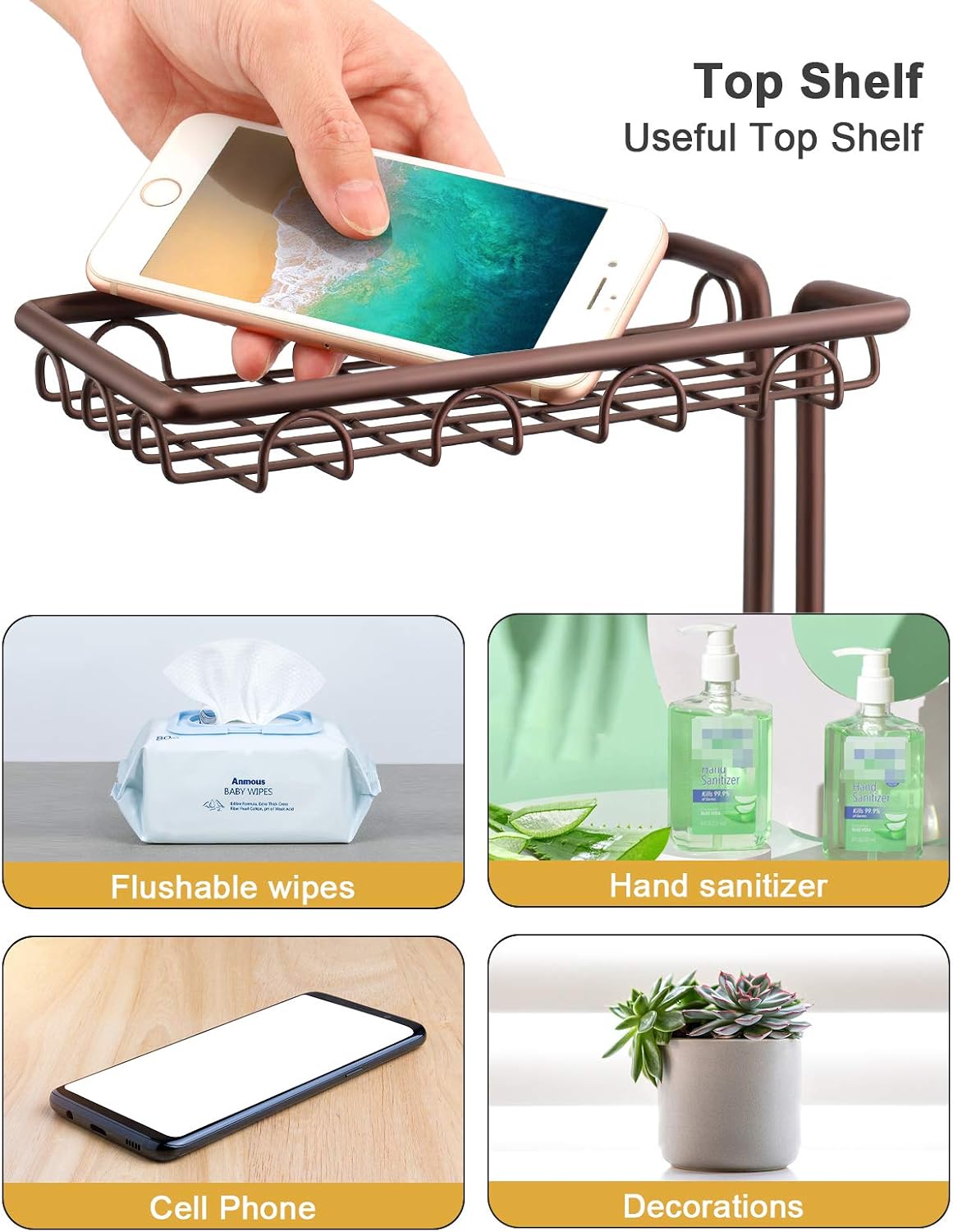 Upgraded Toilet Paper Holder Stand for Bathroom, Holds 3 Big Rolls of Jumbo Mega Paper, Top Shelf for Wipes Tissue