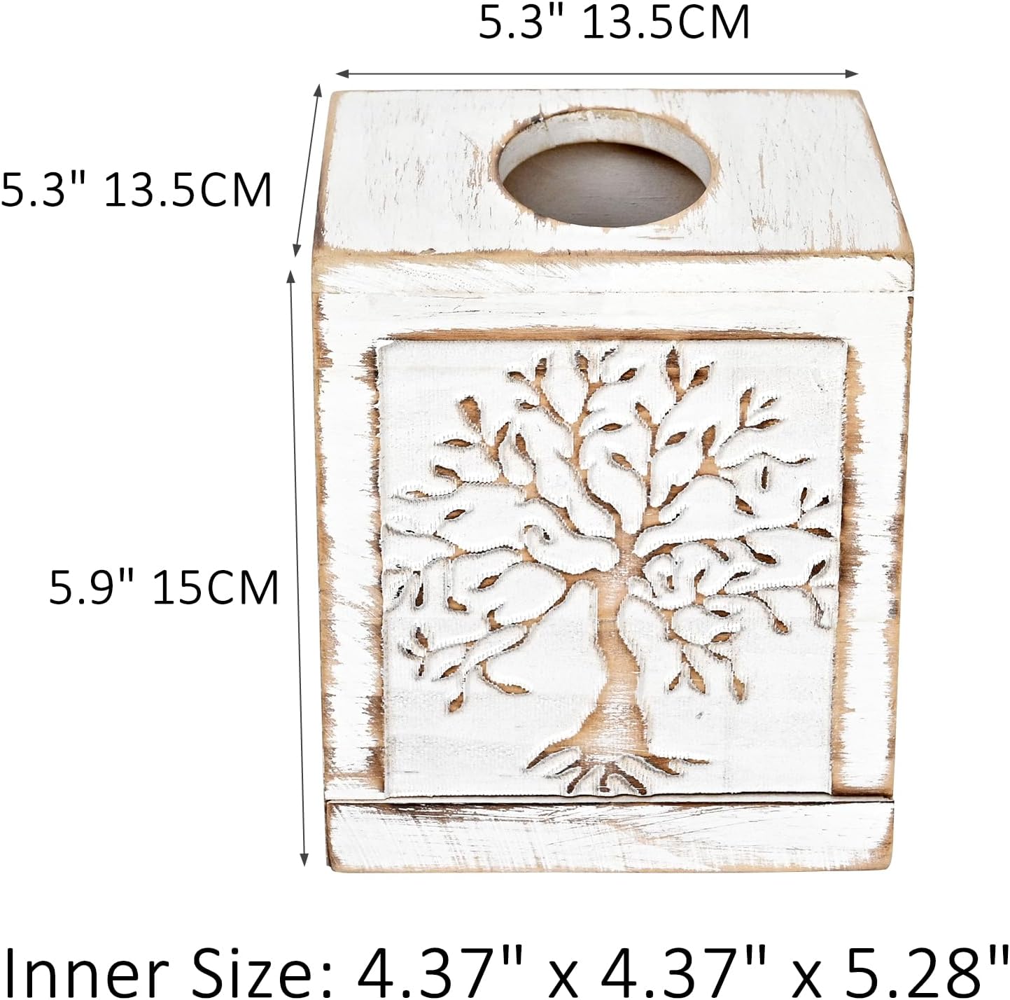 Wooden Tissue Box Cover / Square / White Tree of Life