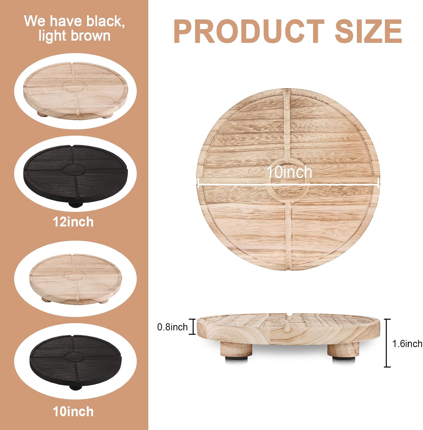 12'' Round Wooden Tray Pedestal Stand / 12''-light Brown