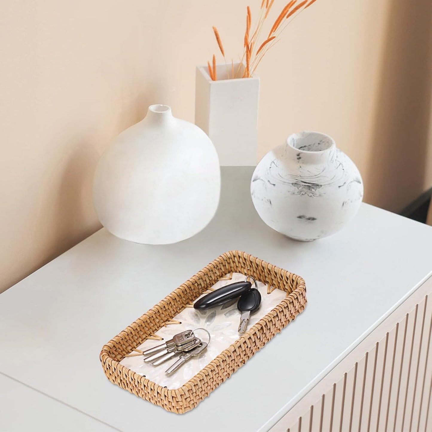 Decorative Key Basket for Entryway Small Handwoven Rattan Tray Rectangular / 8.3 x 4.3 x 1.6 / White