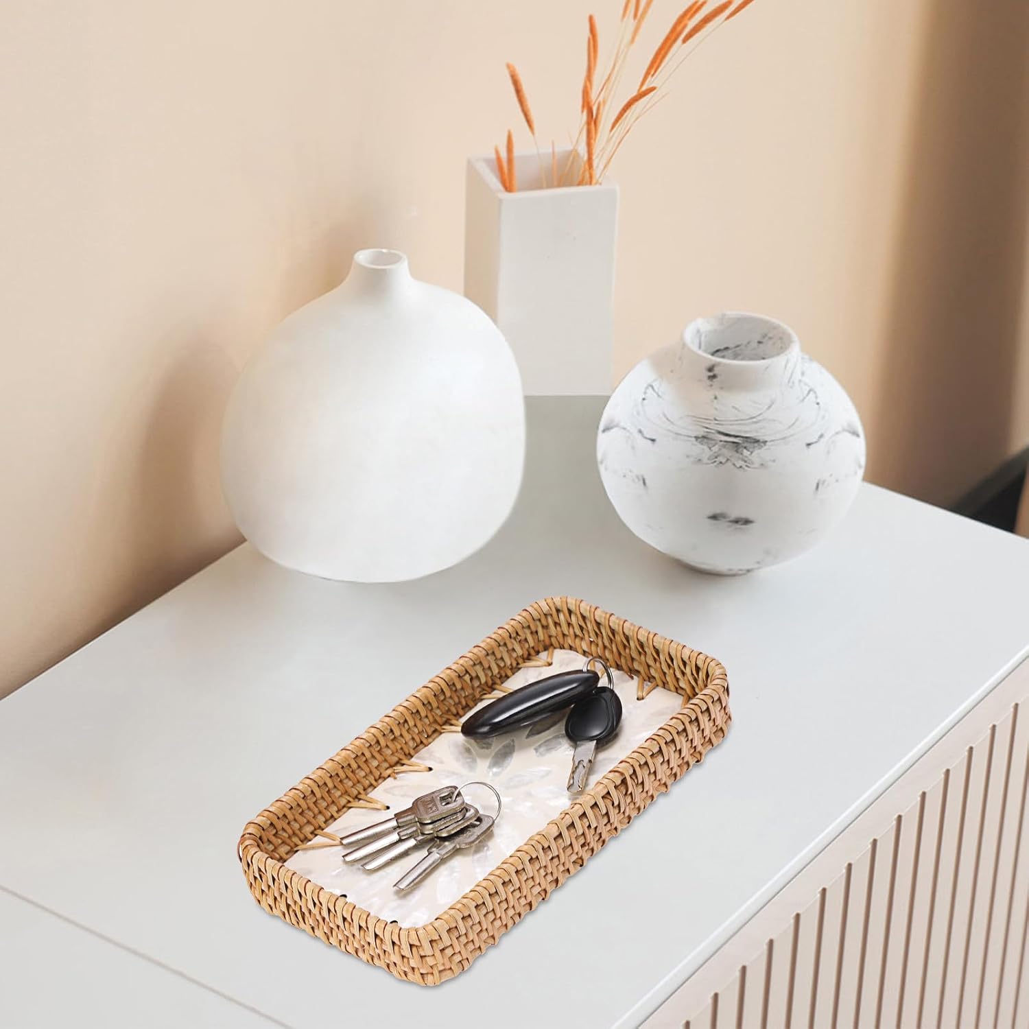 Decorative Key Basket for Entryway Small Handwoven Rattan Tray Rectangular / 8.3 x 4.3 x 1.6 / White