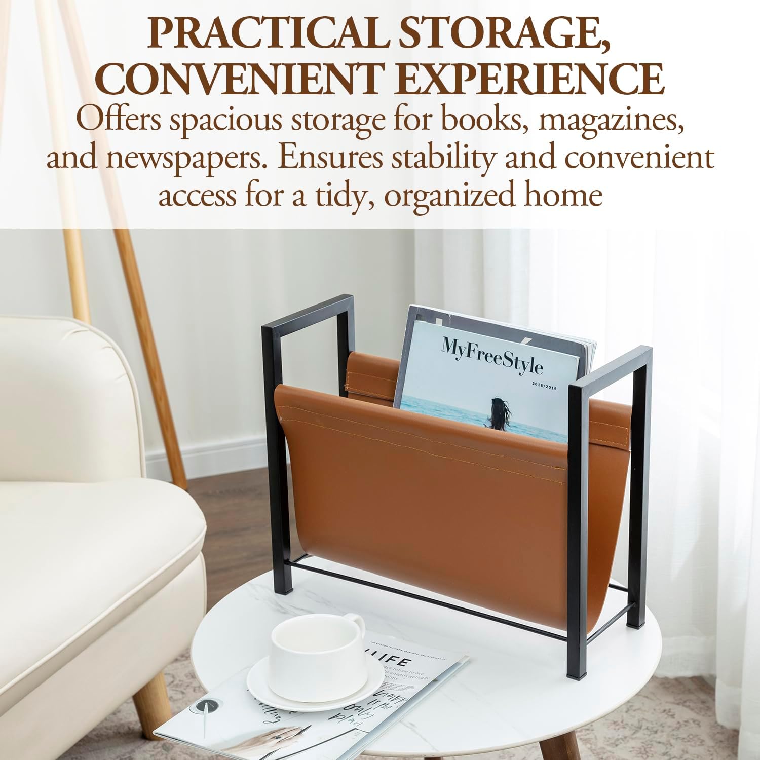 MyGift Caramel Leatherette Magazine Holder, Black Metal Floor Rack | Open sling design keeps magazines, newspapers, and