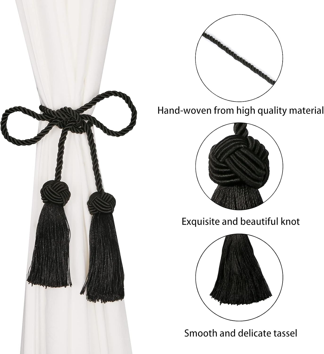 BEL AVENIR 6 Pack Handmade Rope Tassel Curtain Tiebacks | Decorative Curtain Holdbacks with Tassel (Black, 6 Pack)