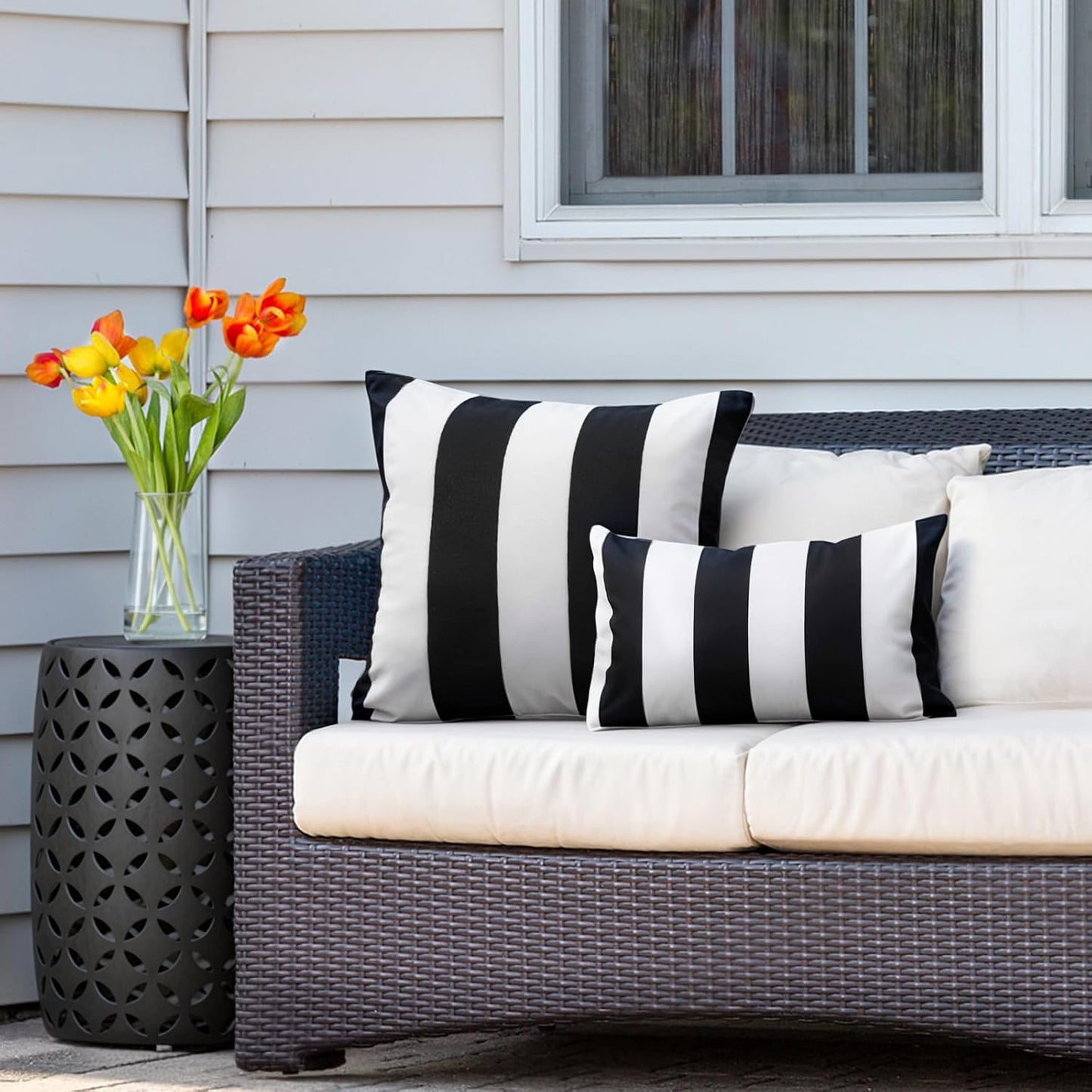 Decorative Outdoor Waterproof Striped Throw Pillow Covers / Black and White / 18 x 18 / Set of 2