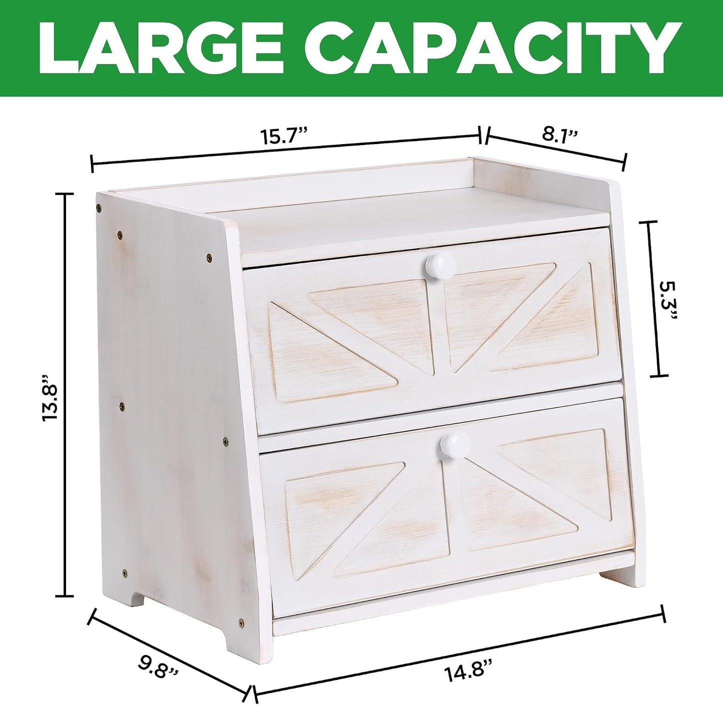 Bamboo Corner Bread Box for Kitchen Countertop 2-Tier White | Farmhouse Bread Storage Container, Large Pantry