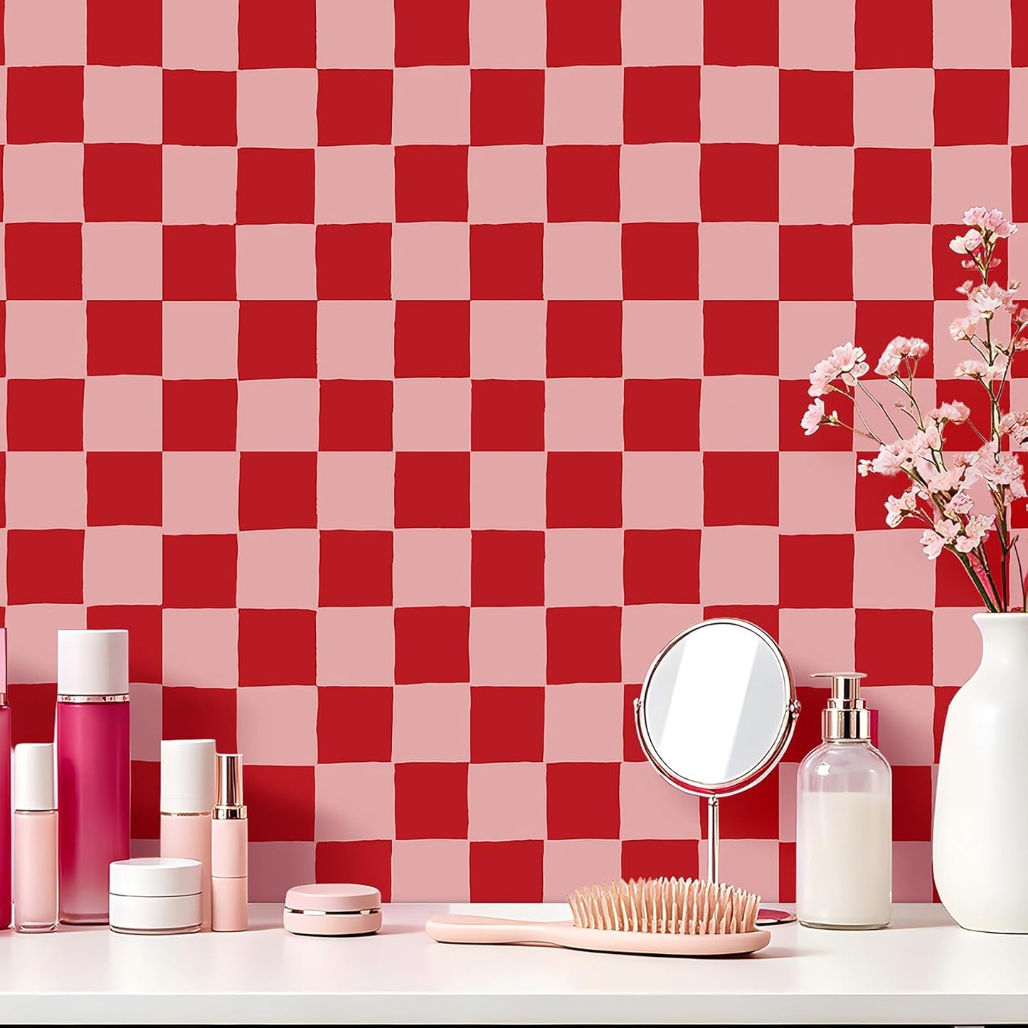 Checkered Wallpaper Peel and Stick Dark Pink Contact Paper Waterproof / 17.5 x 80 / Red Checkered