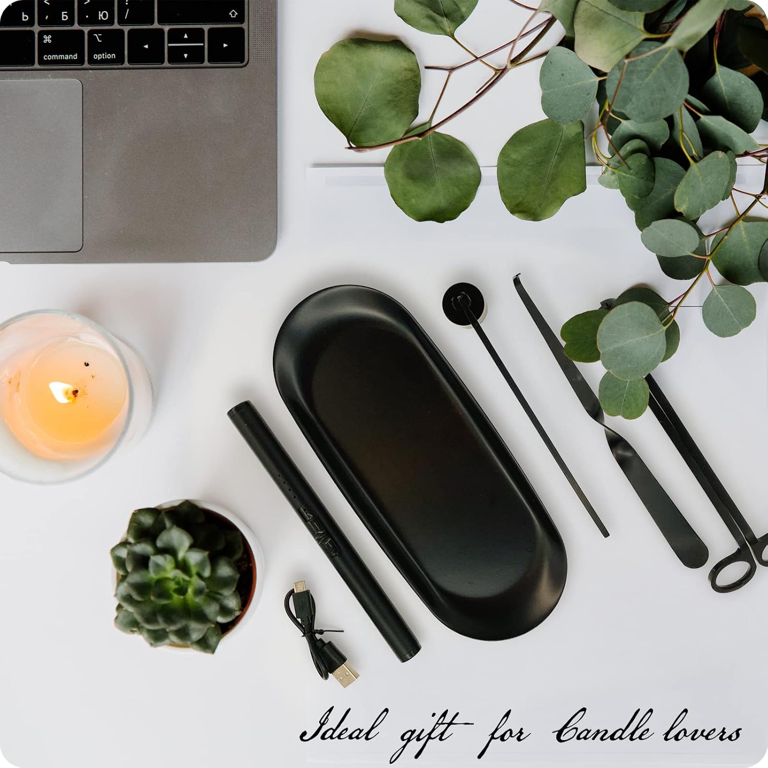 Exquisite Candle Accessories Tool Pack Bag, Rechargeable Electric Lighter， Wick Trimmer, Dipper, Snuffer and Tray