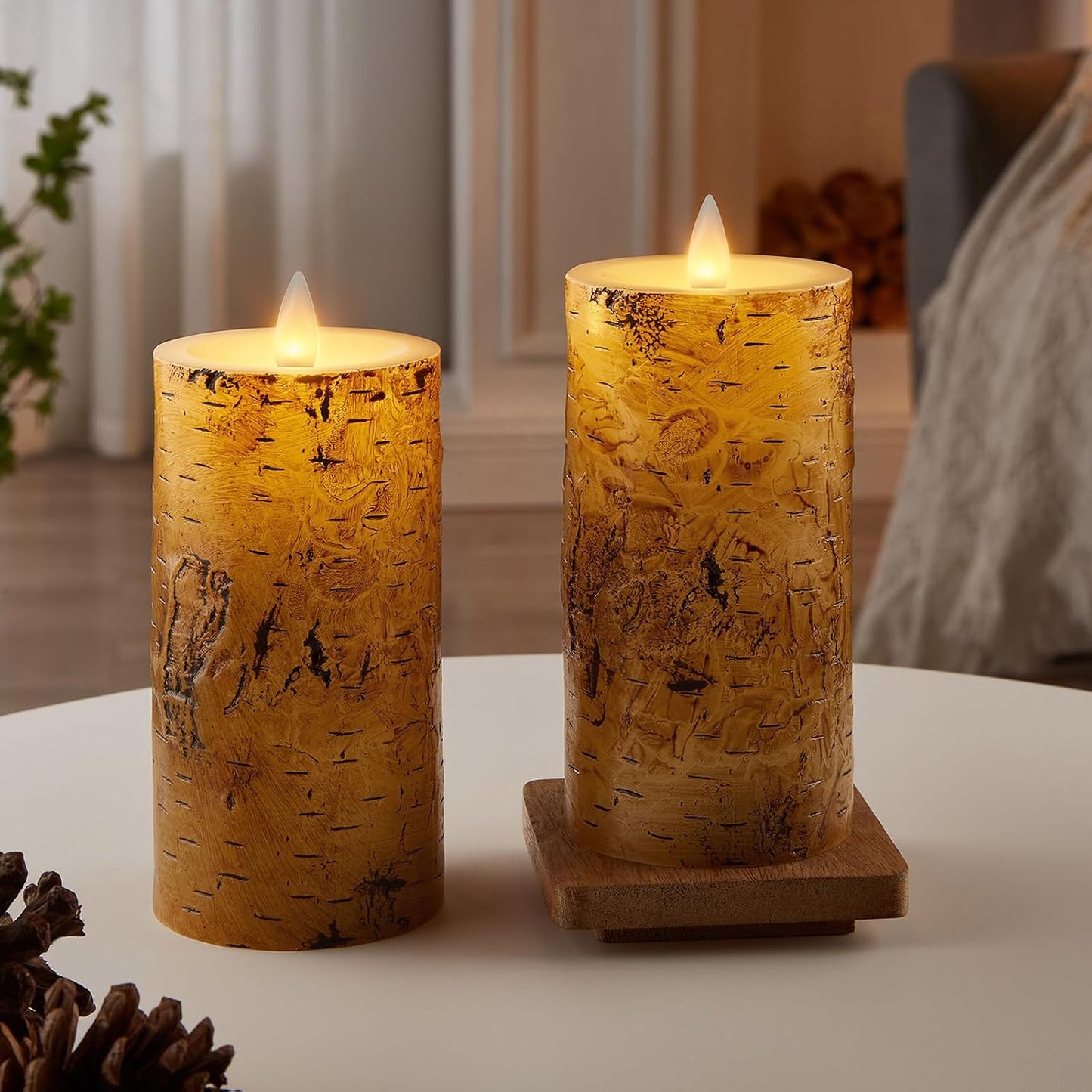 Birch Bark Wax Flameless Candles with Remote Timer, Last 400-Hour with 2AA Batteries, 3D Moving Flame Led Candles, Set