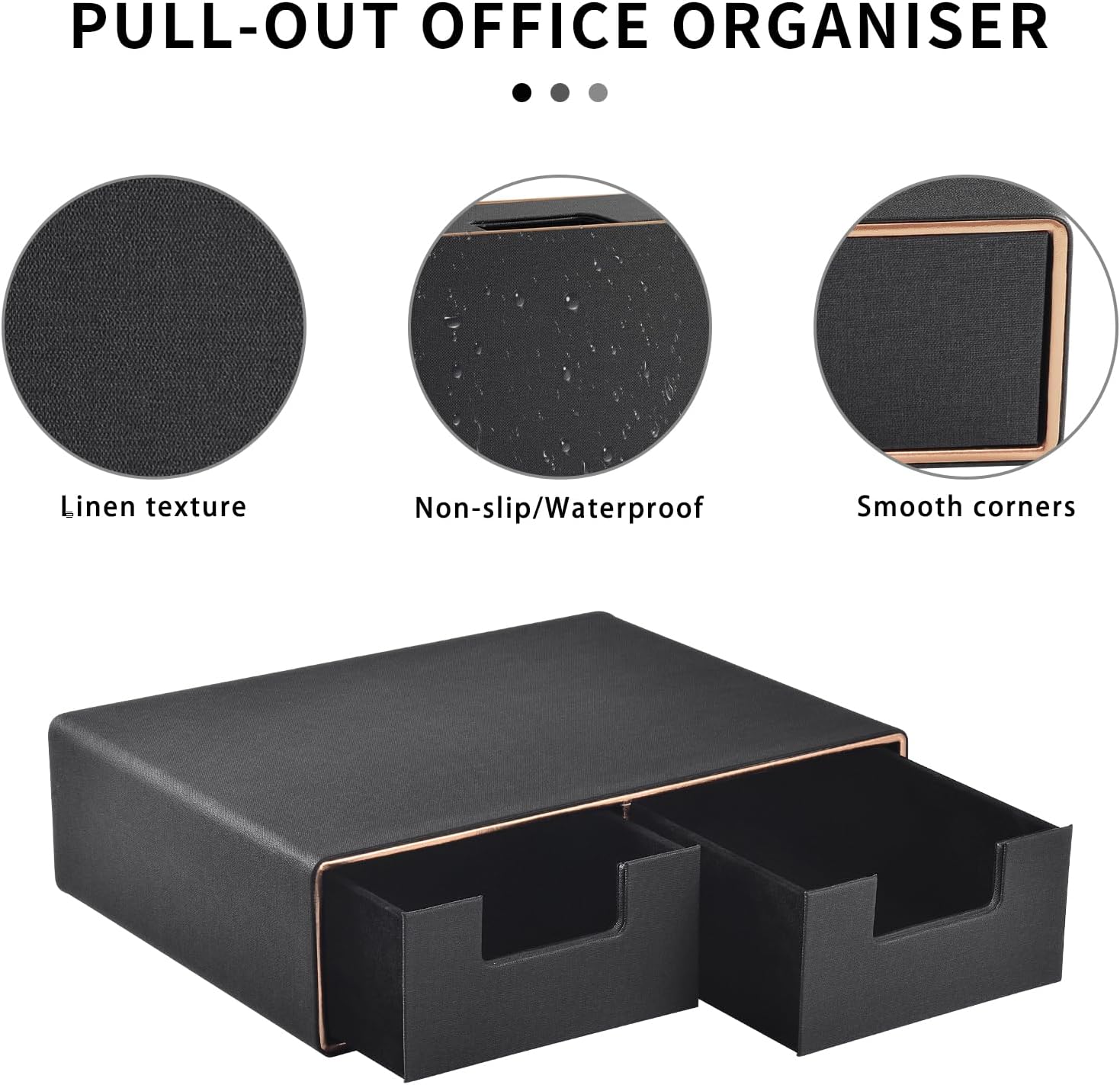 Linen Leather Desk Organizer and monitor stand with Drawers－Mini Desktop Drawer Organizer Stackable－Tabletop