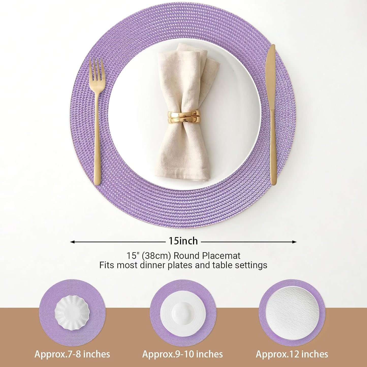 FunWheat Round Braided Placemats Set of 8 Table Mats for Dining Tables Woven Washable Non-Slip Place mats 15