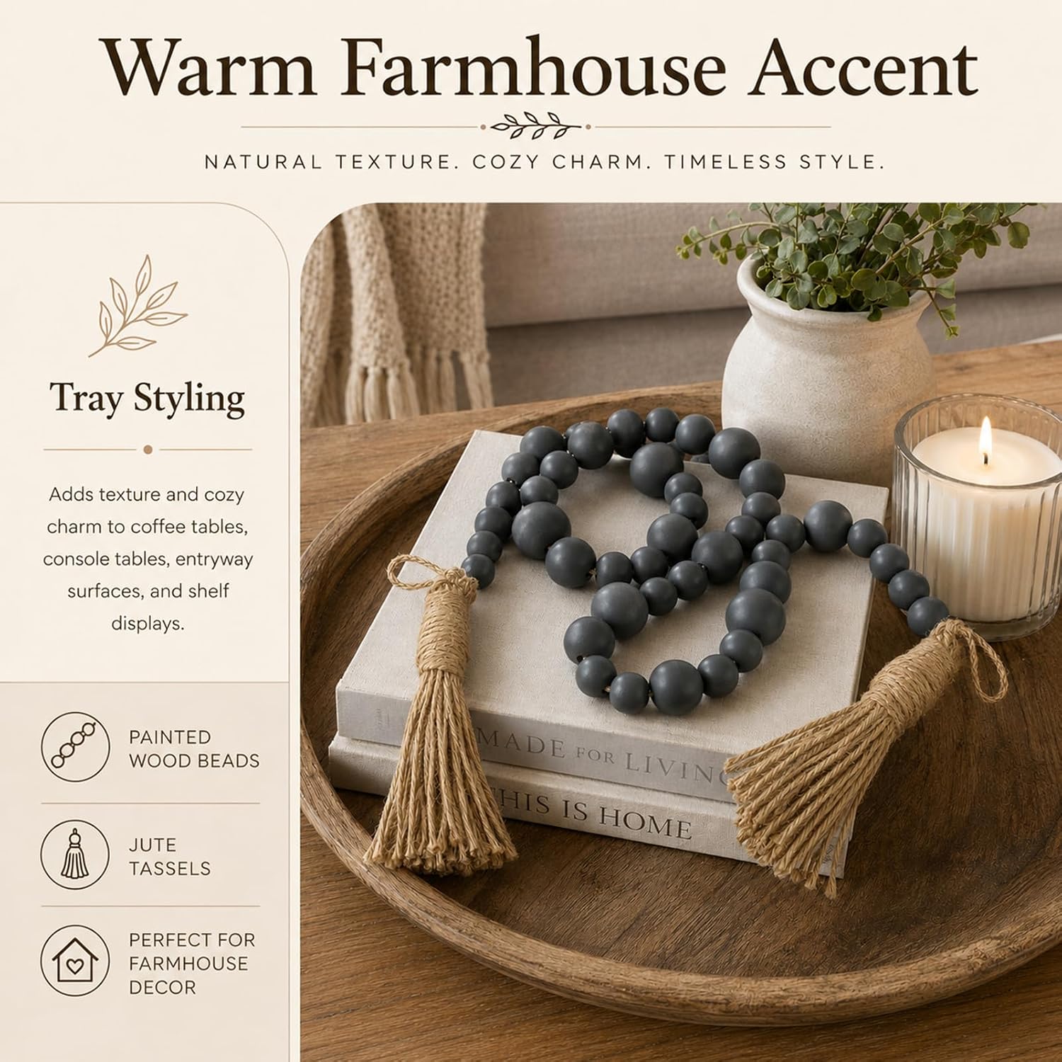 Gray Wood Bead Garland / Grey / 49.6 Inch