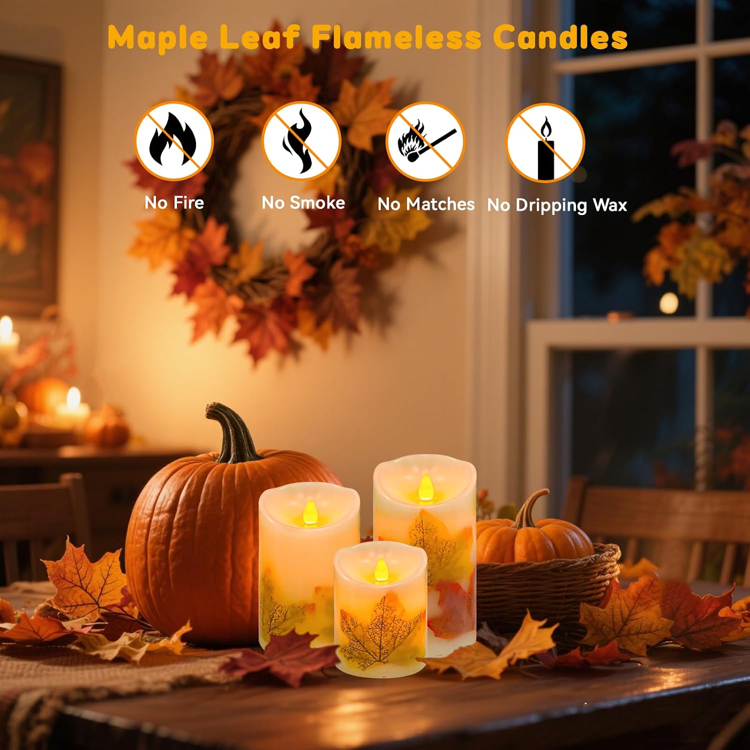 Maple Leaf Flameless Candles Set of 3, Fall Candles with Remote & Timer | Flickering Real Wax Pillar Candles Battery