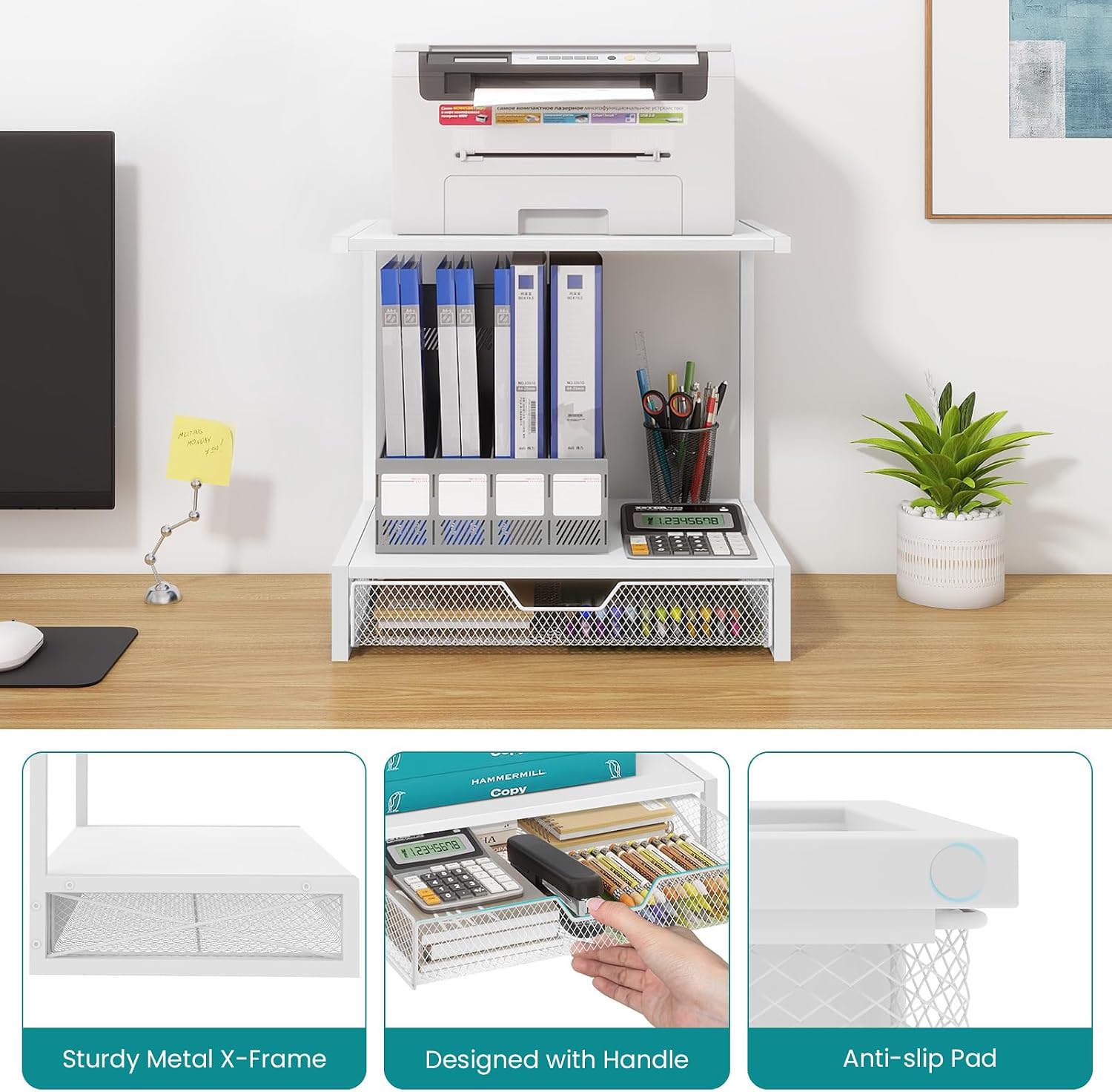ELITEROO Printer Stand for Desk with Storage Drawer, 2 Tier Desk Shelf | Wood Desktop Organizer for Home Office, Fits