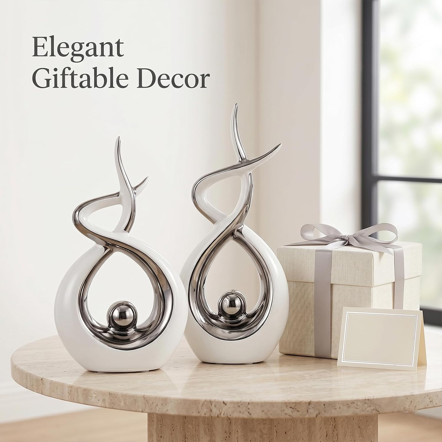 Abstract Table Decor / White and Silver / Set of 2