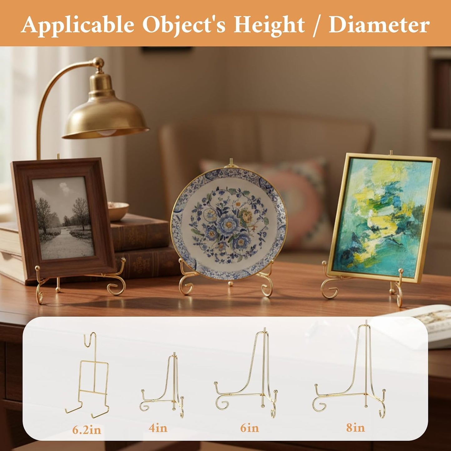 3 Size Plate Stands for Display / Gold / 8 Inch / Set of 6