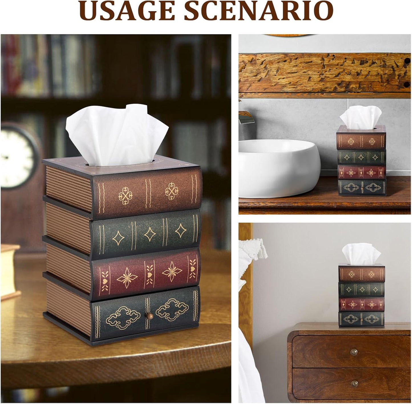Antique Wooden Book Tissue Box Cover / Brown Top