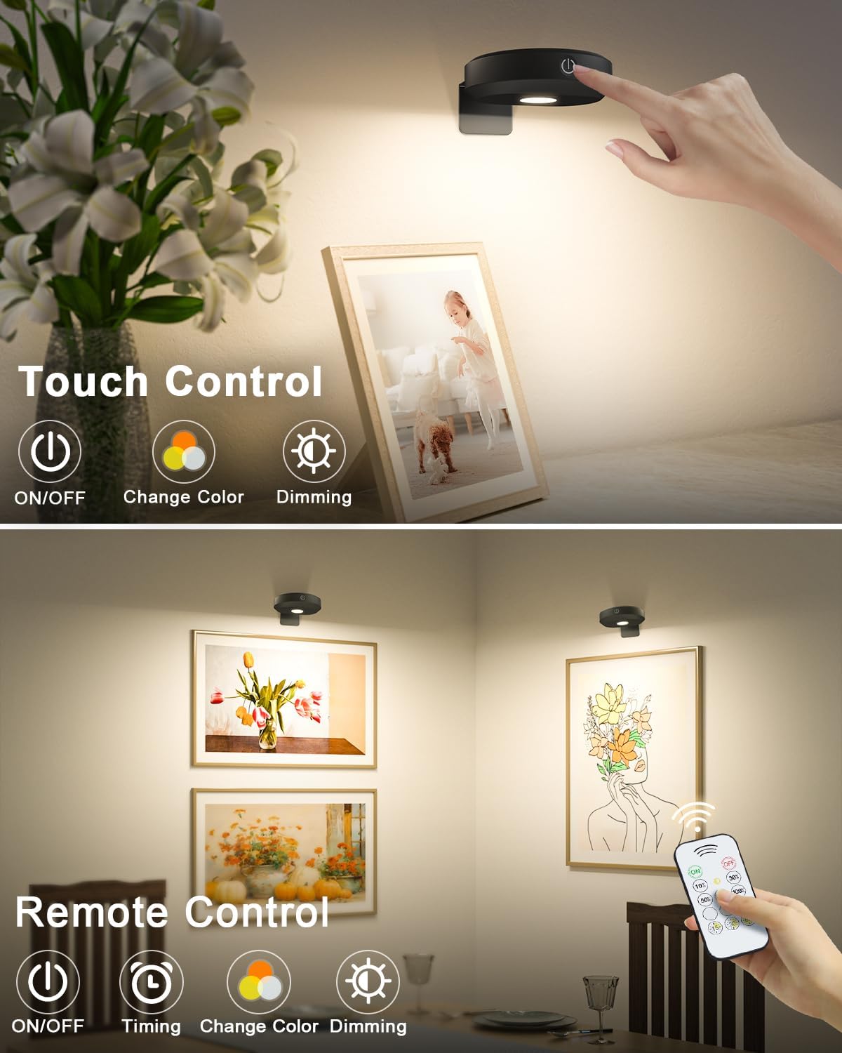 WILLED Rechargeable Picture Lights for Wall, Wireless Gallery Lighting | Battery Operated Puck Lights with Remote